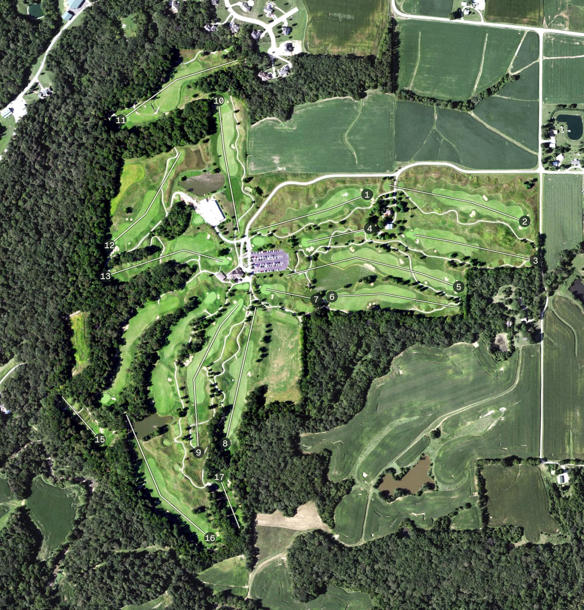 Aerial view of Annbriar Golf Course, IL, with its hole routing marked