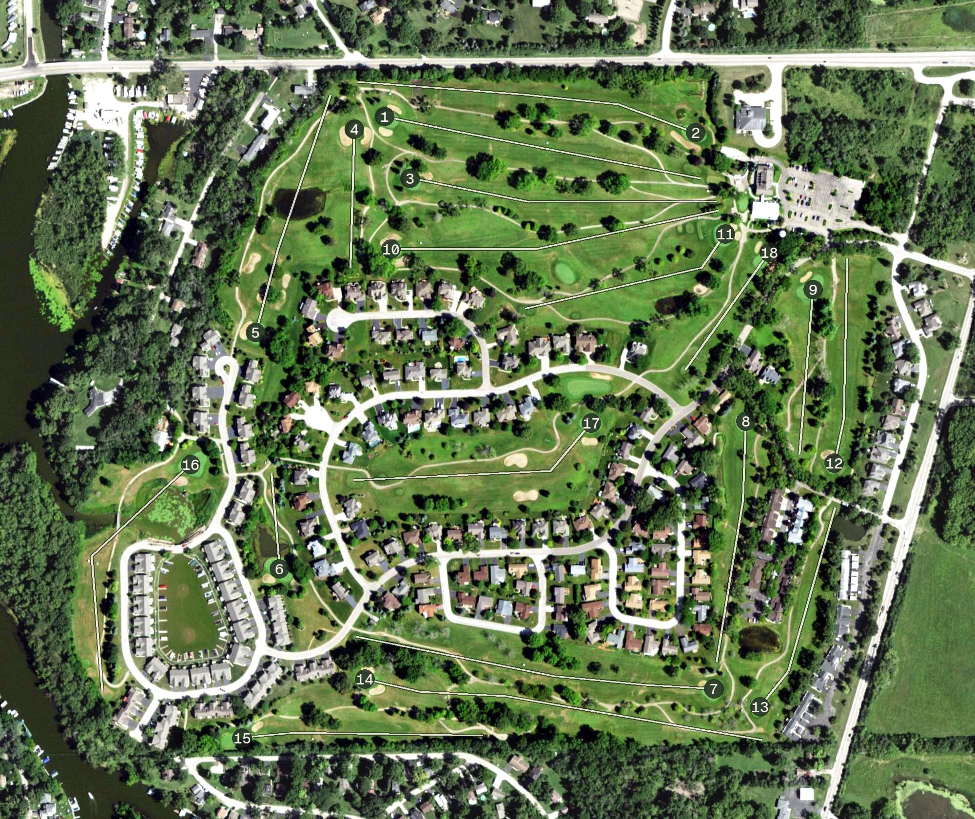 Aerial view of Antioch Golf Club, IL, with its hole routing marked