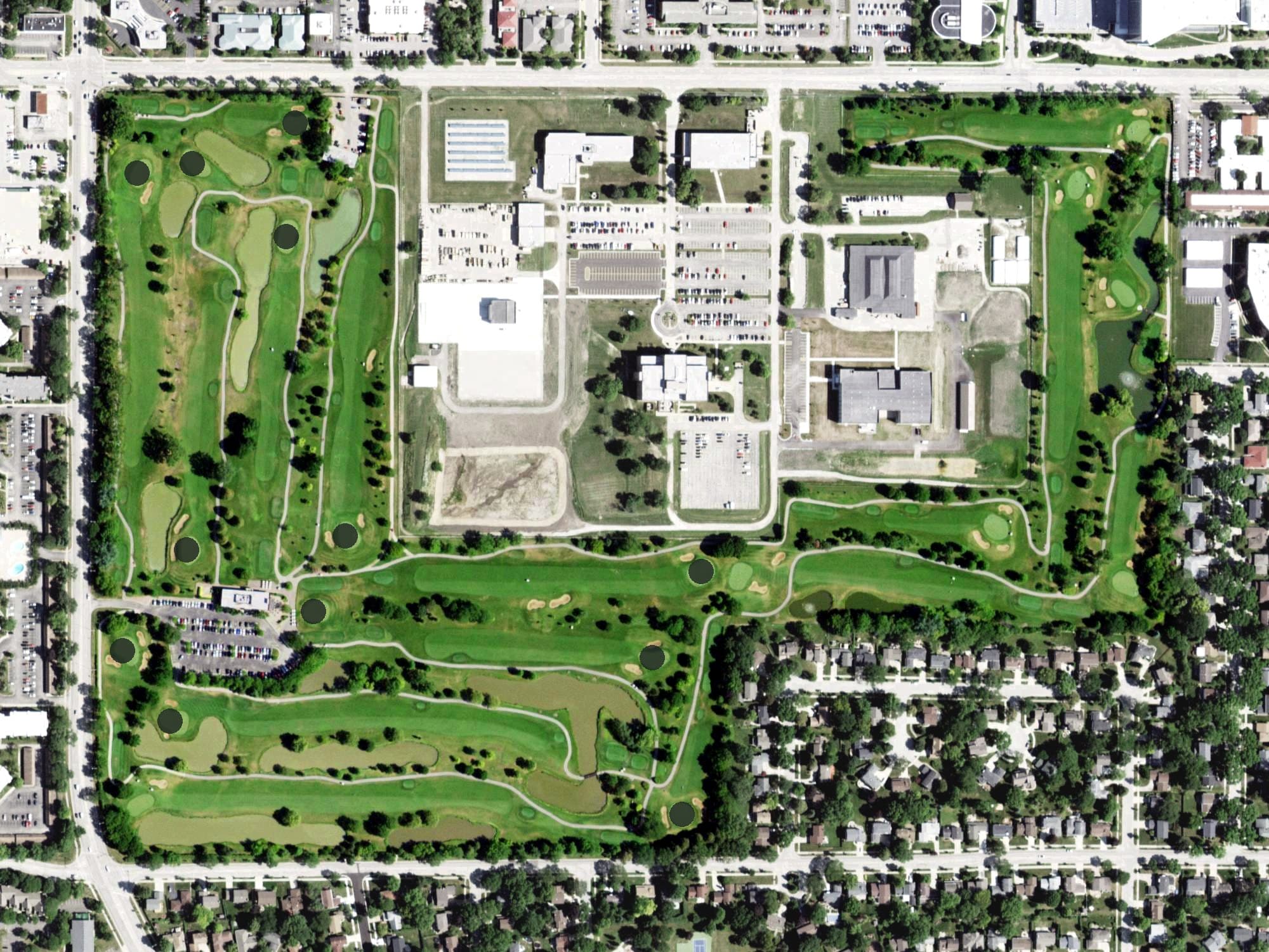 Aerial view of Arlington Lakes Golf Course, IL, with its hole routing marked