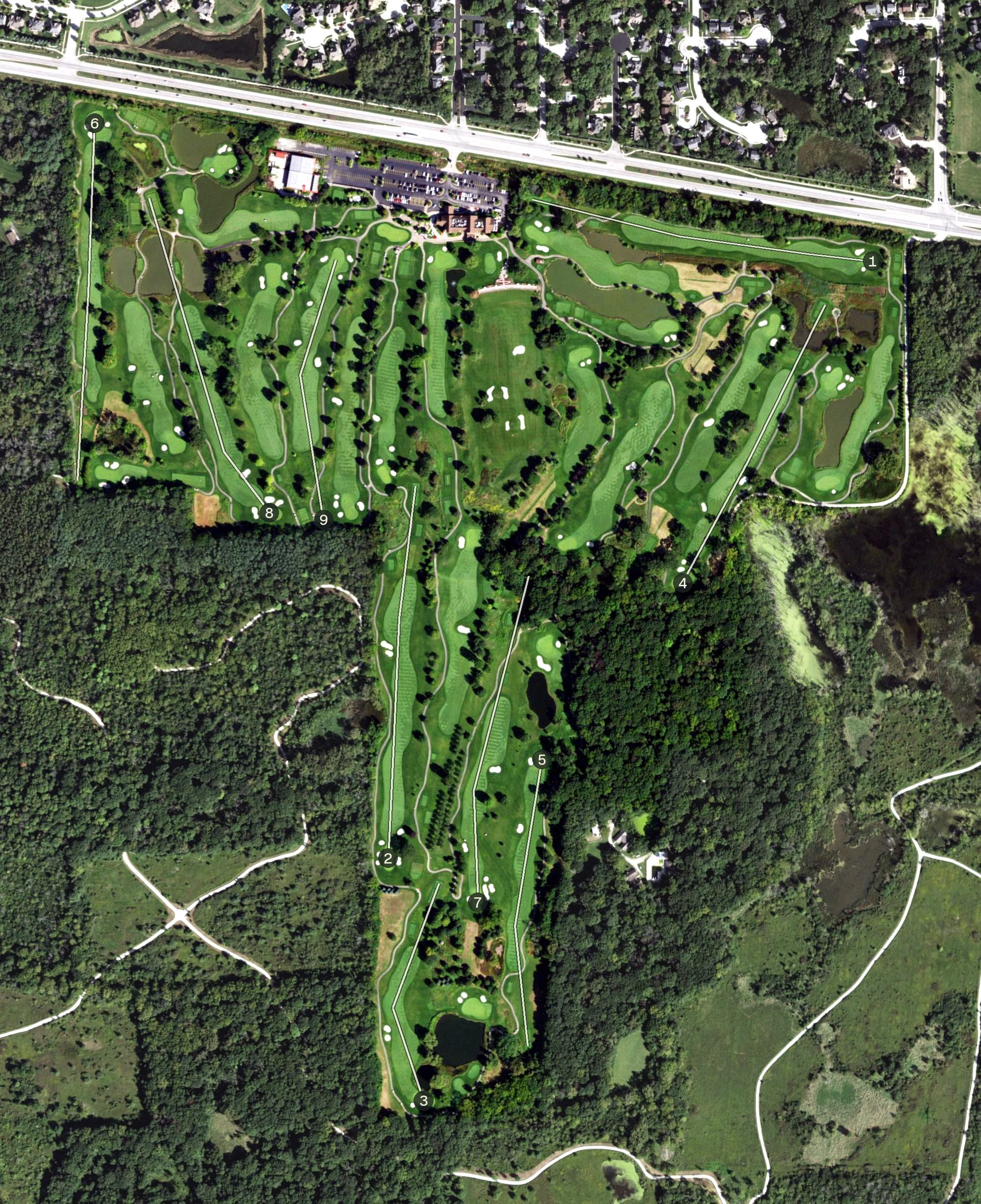 Aerial view of Arrowhead Golf Course, IL, with its hole routing marked