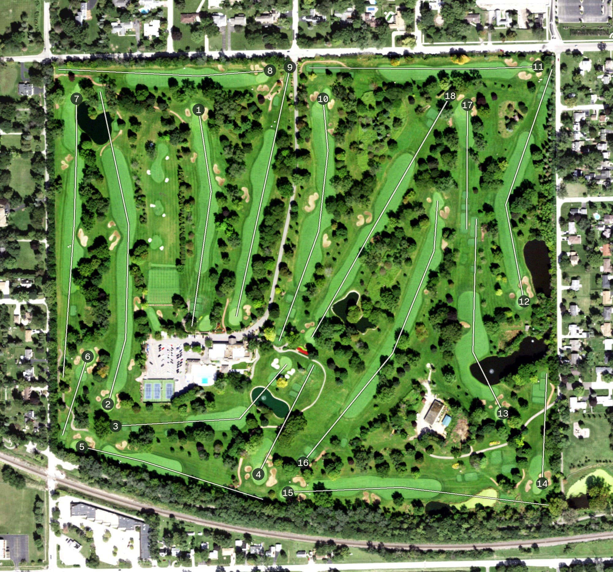 Aerial view of Aurora Country Club, IL, with its hole routing marked