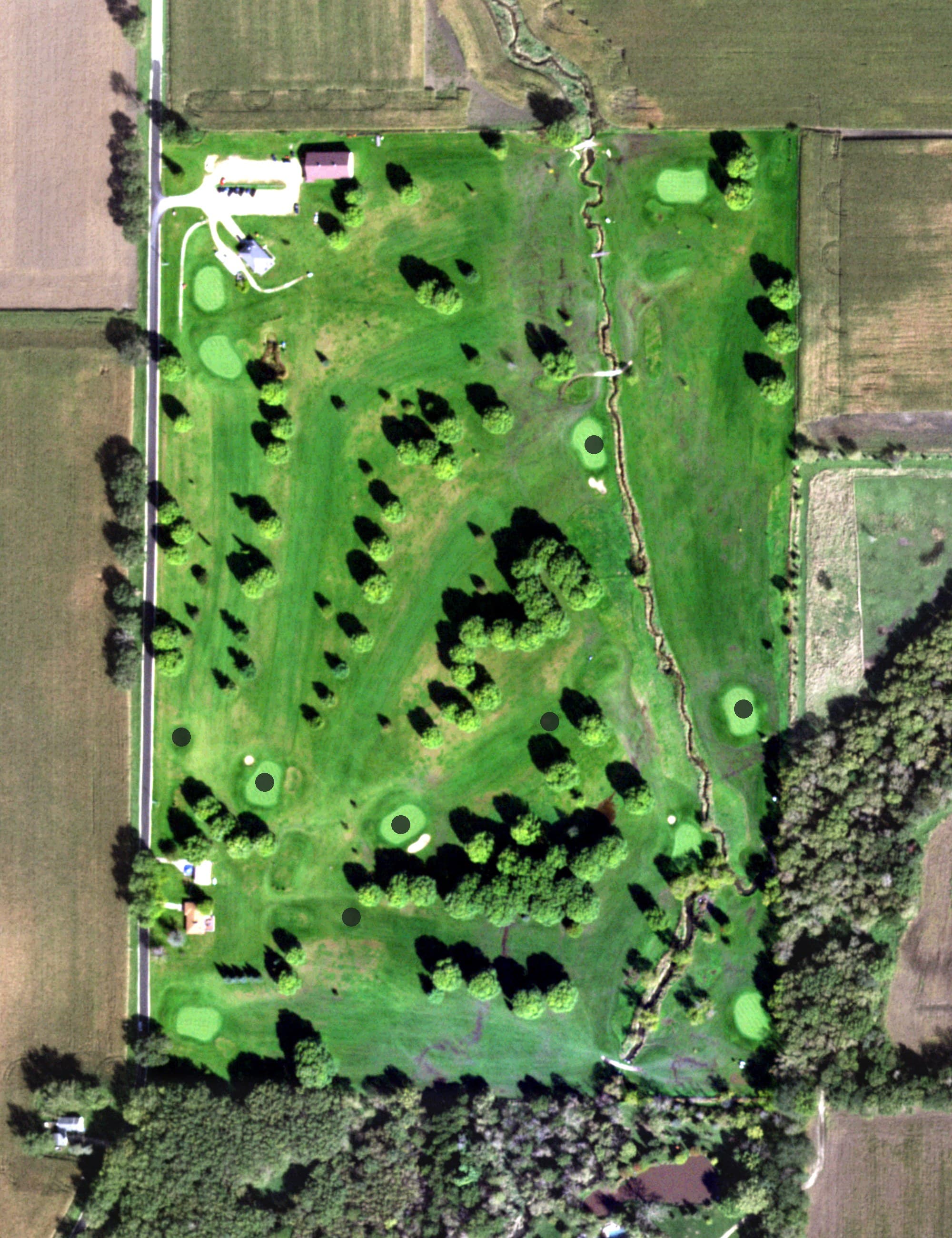 Aerial view of Beaver Creek Golf Course, IL, with its hole routing marked