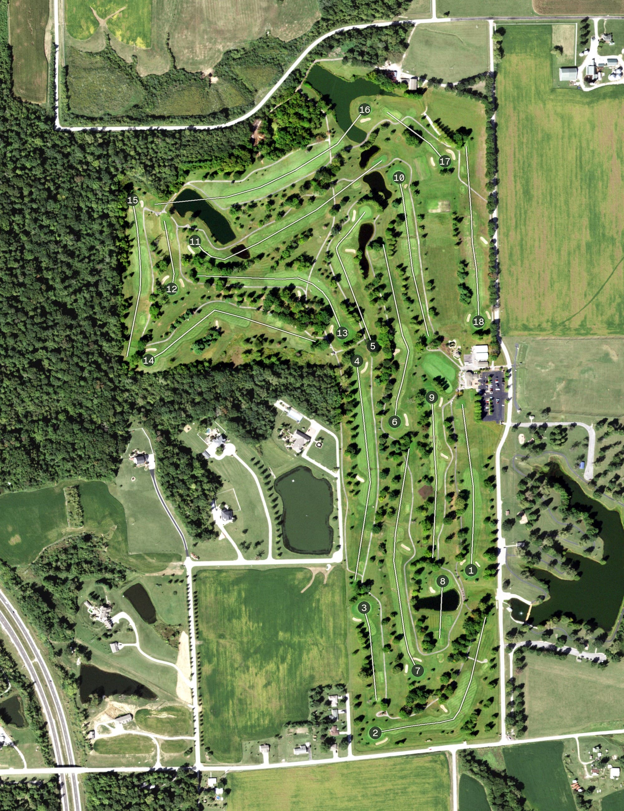 Aerial view of Belk Park Golf Course, IL, with its hole routing marked