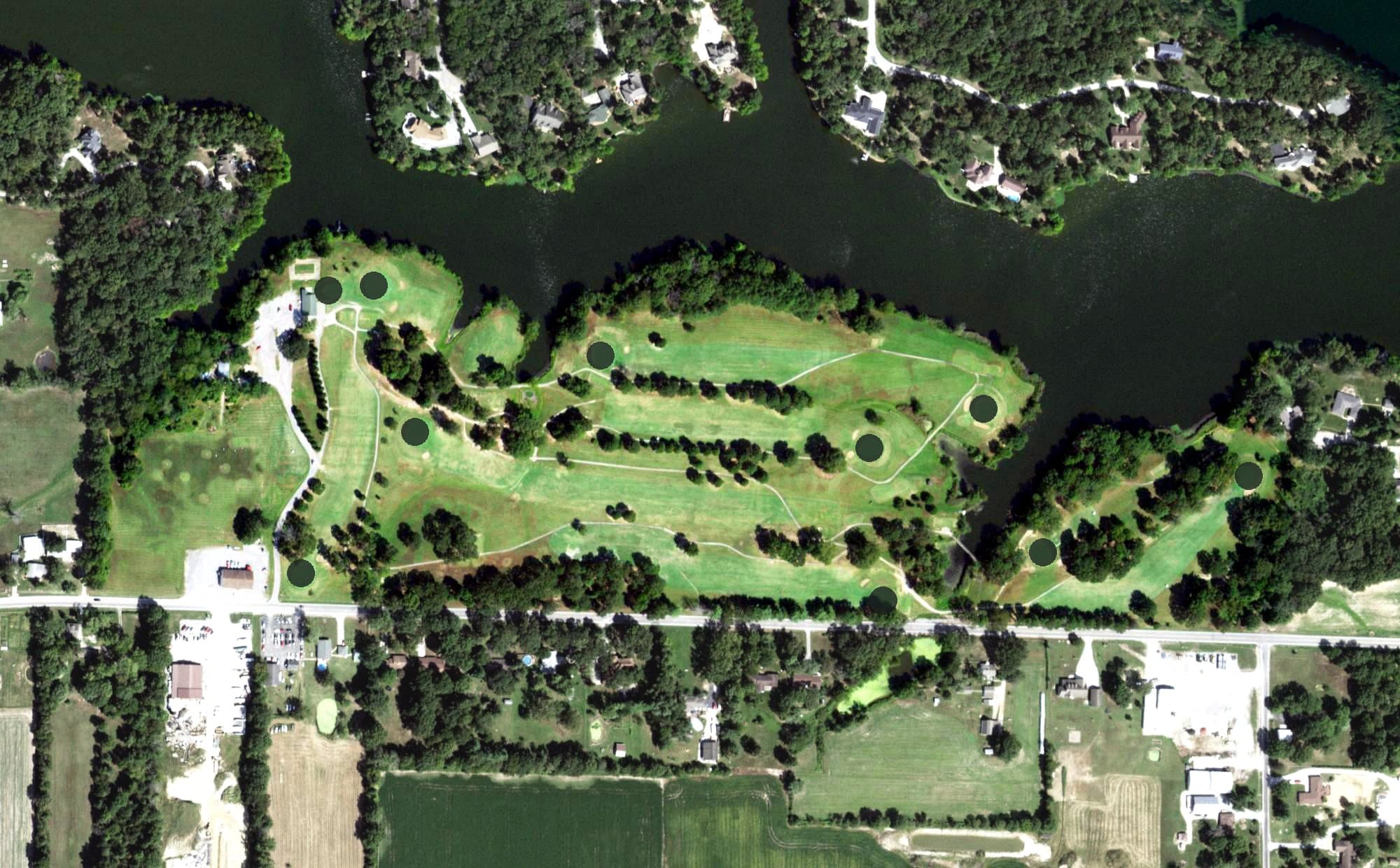 Aerial view of Benton Country Club, IL, with its hole routing marked
