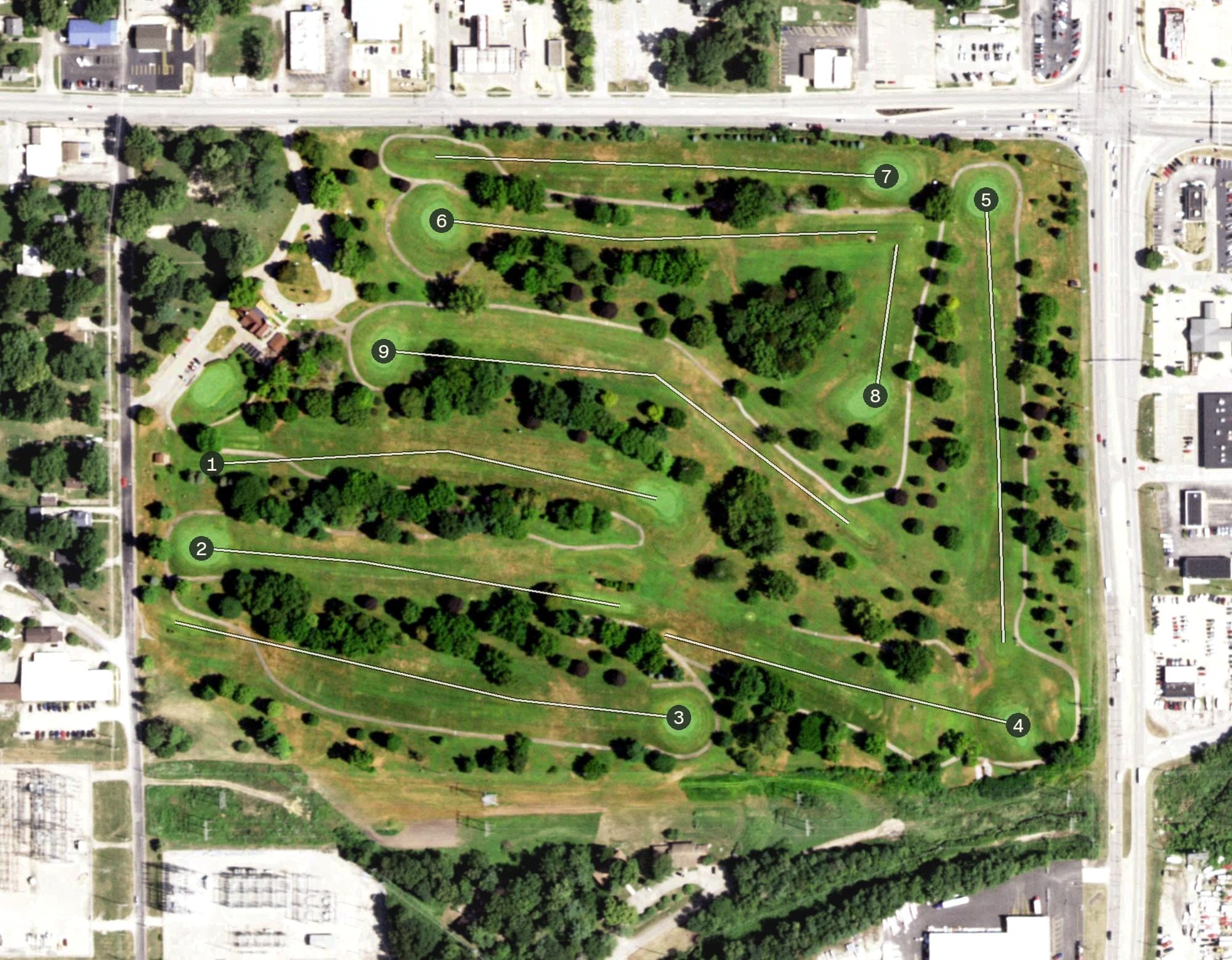 Aerial view of Bergen Golf Course, IL, with its hole routing marked