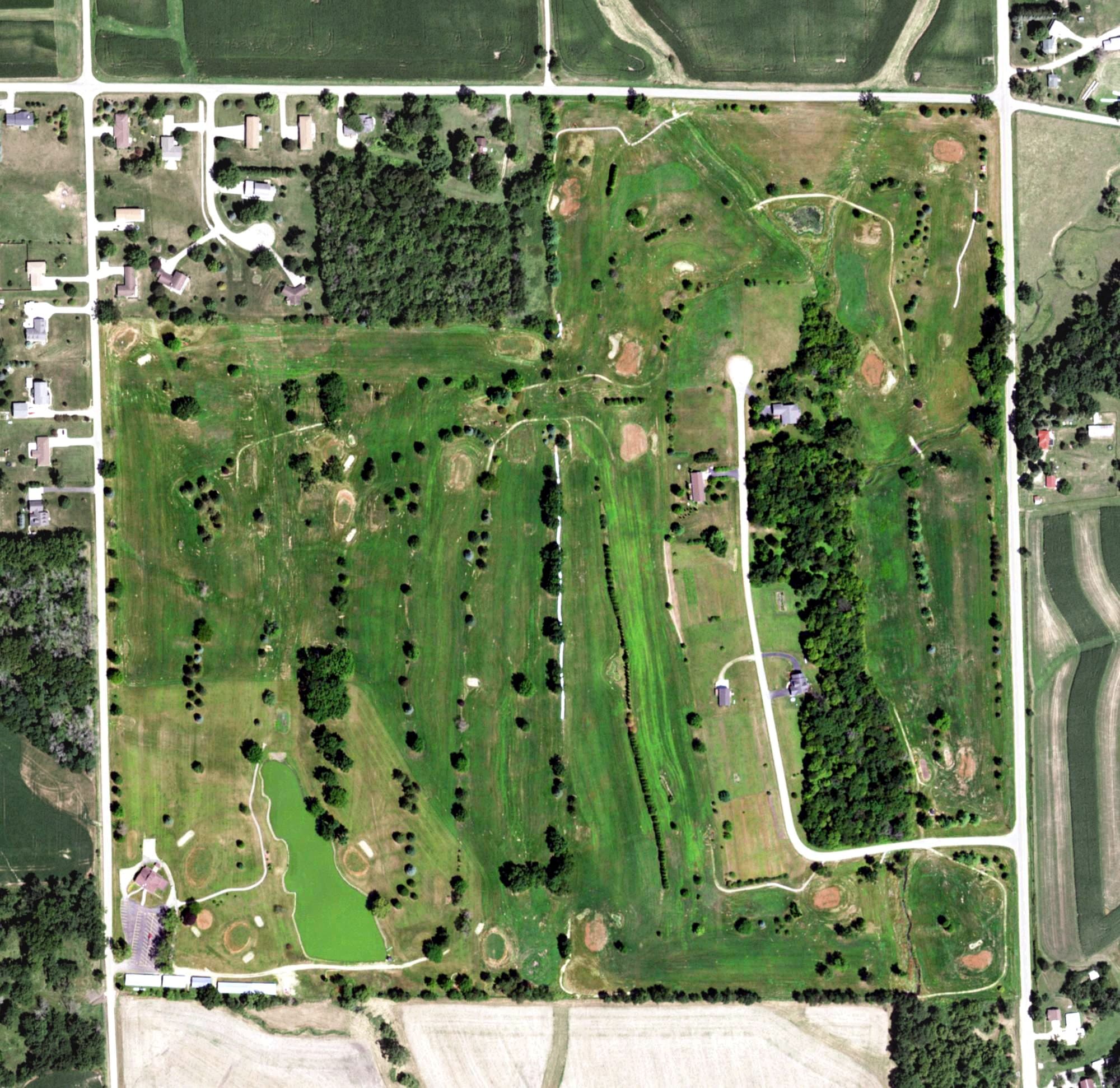 Aerial view of Black Hawk Run Golf Club, IL, with its hole routing marked