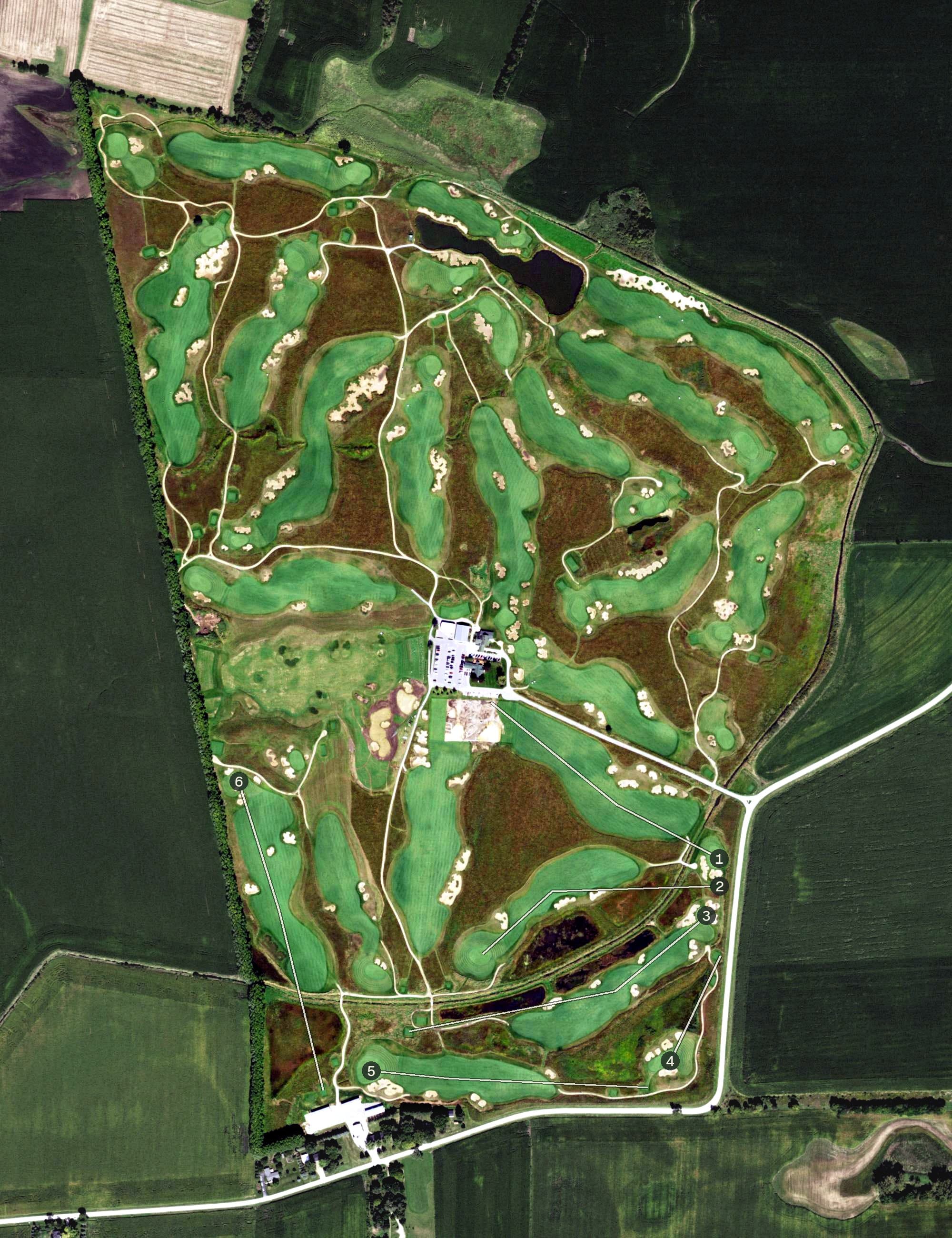 Aerial view of Black Sheep Golf Club, IL, with its hole routing marked