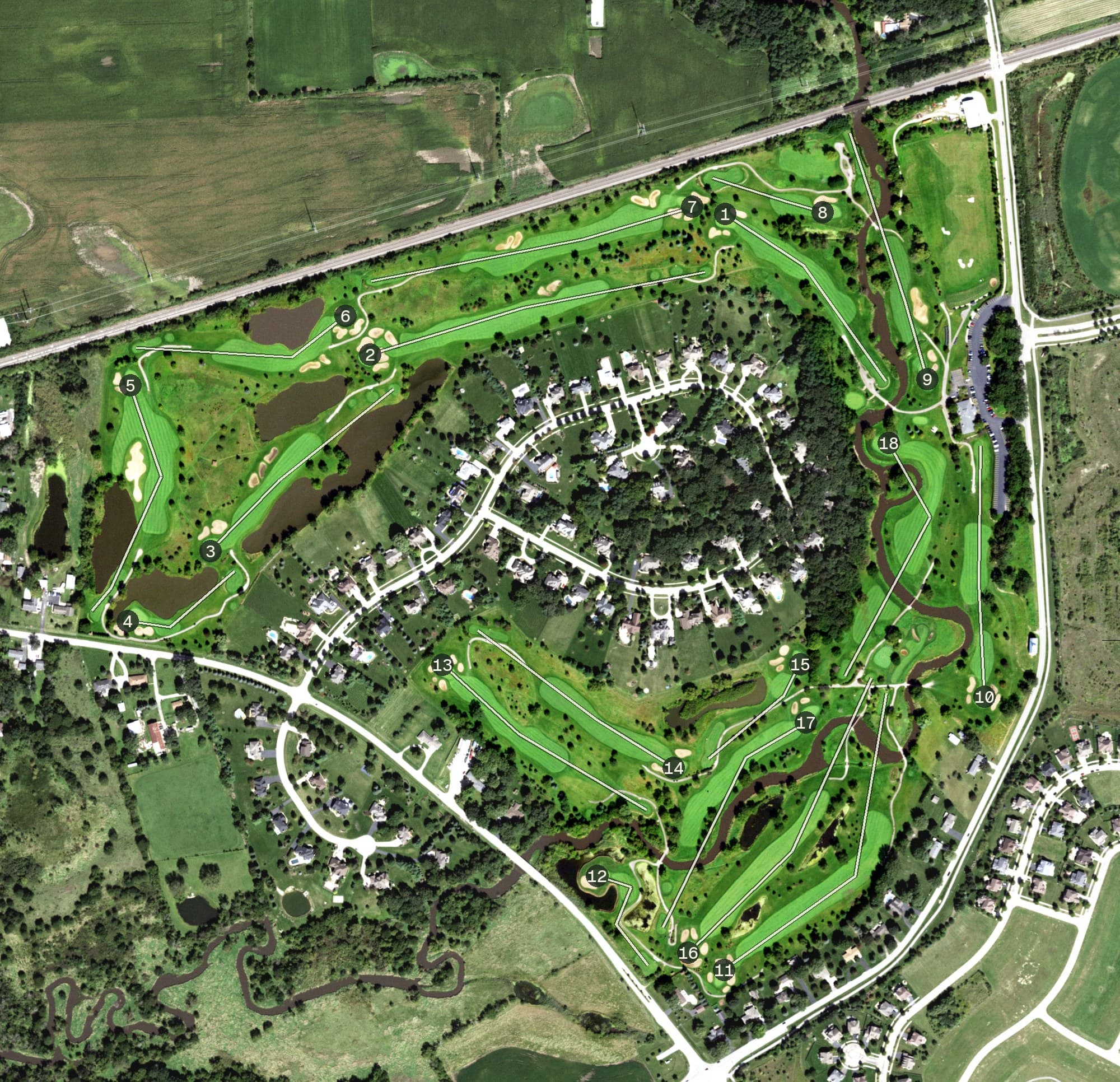 Aerial view of Blackberry Oaks Golf Course, IL, with its hole routing marked