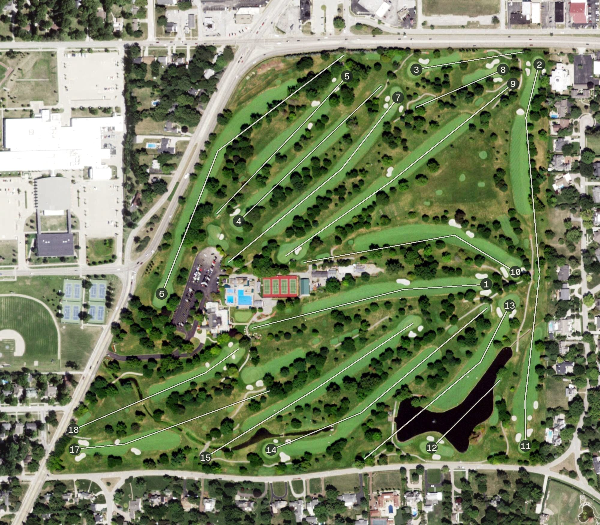 Aerial view of Bloomington Country Club, IL, with its hole routing marked