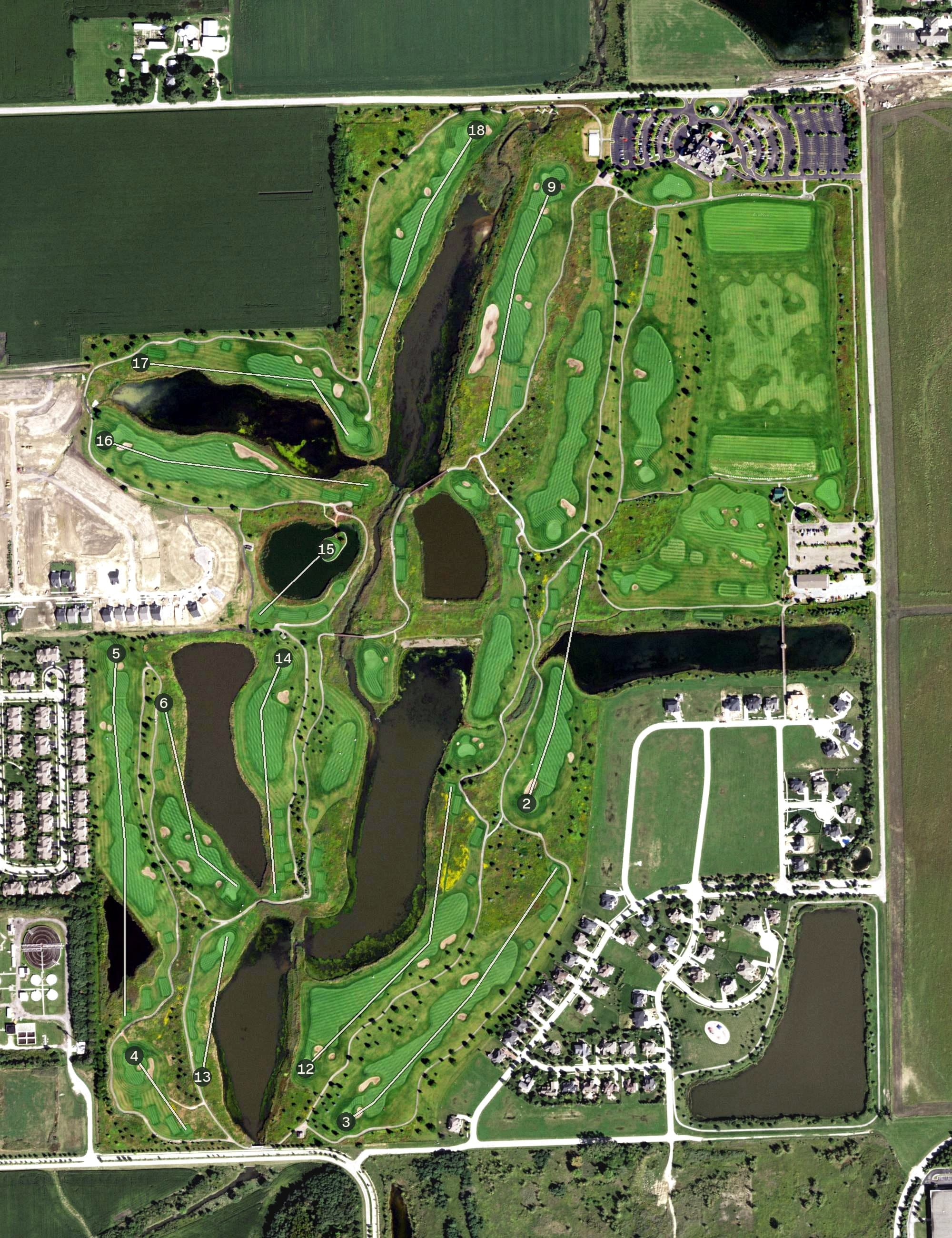 Aerial view of Bolingbrook Golf Club, IL, with its hole routing marked