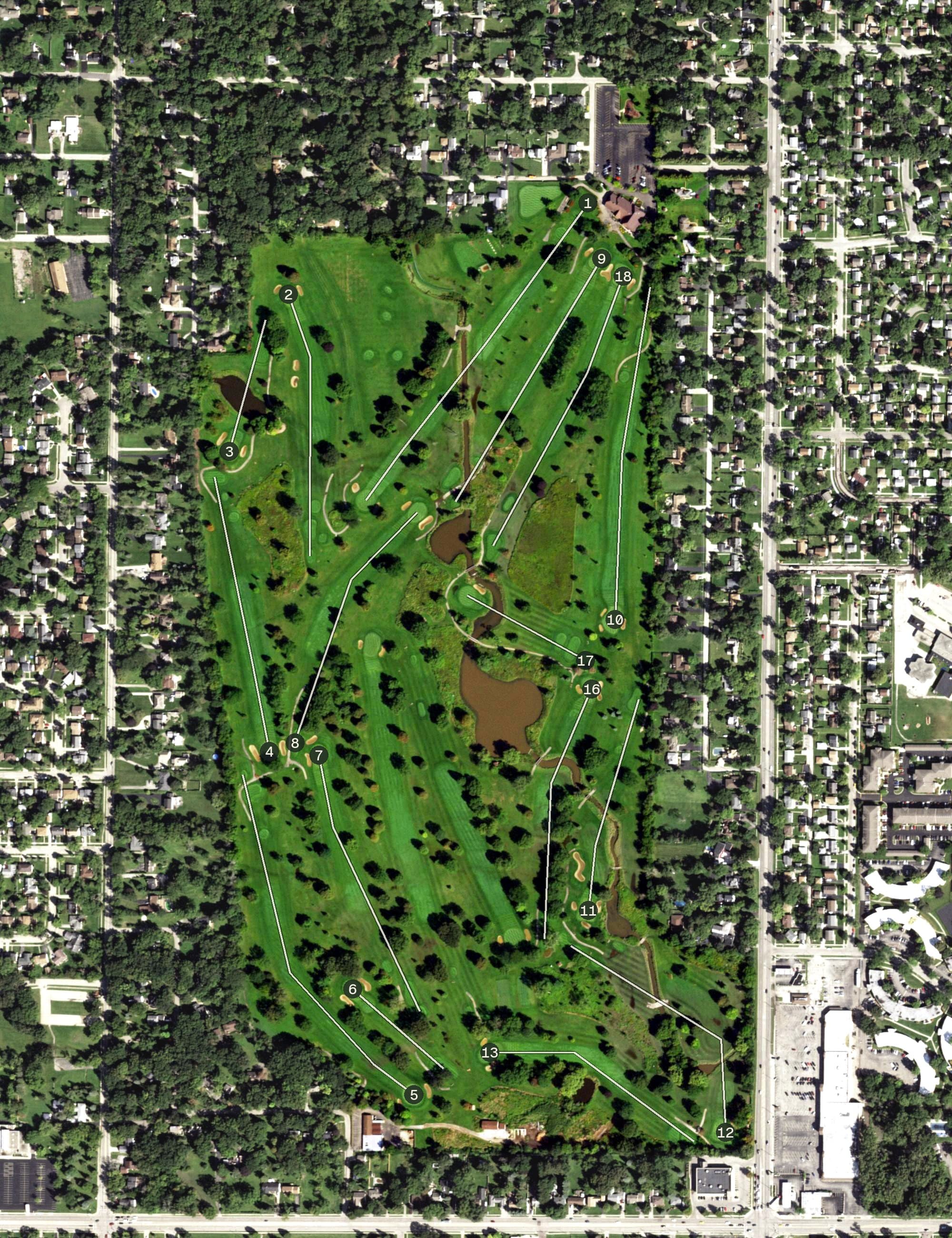 Aerial view of Bonnie Brook Golf Course, IL, with its hole routing marked