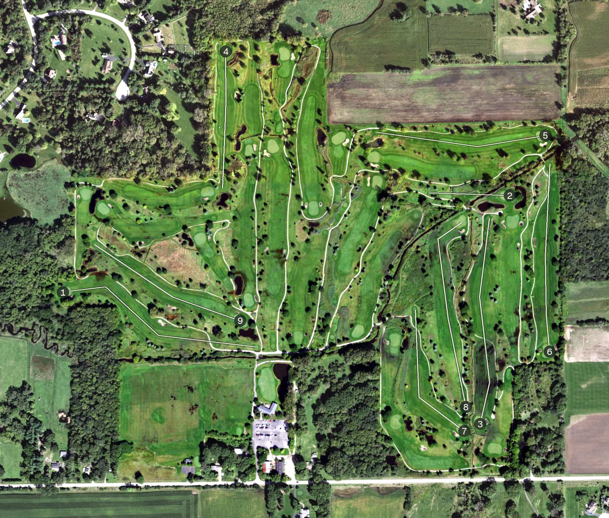 Aerial view of Boone Creek Golf Course, IL, with its hole routing marked
