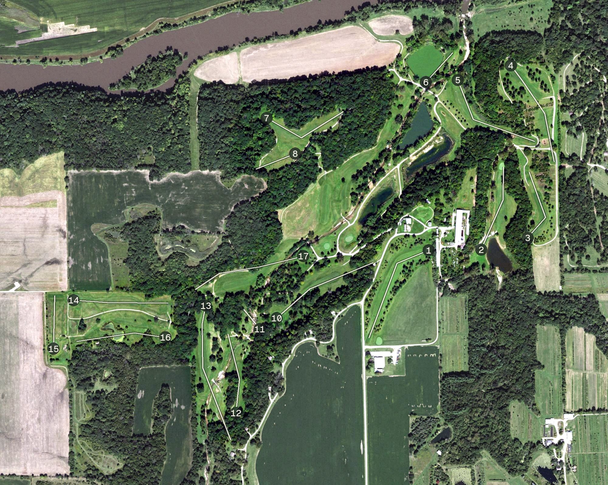 Aerial view of Bourne Golf Club, IL, with its hole routing marked