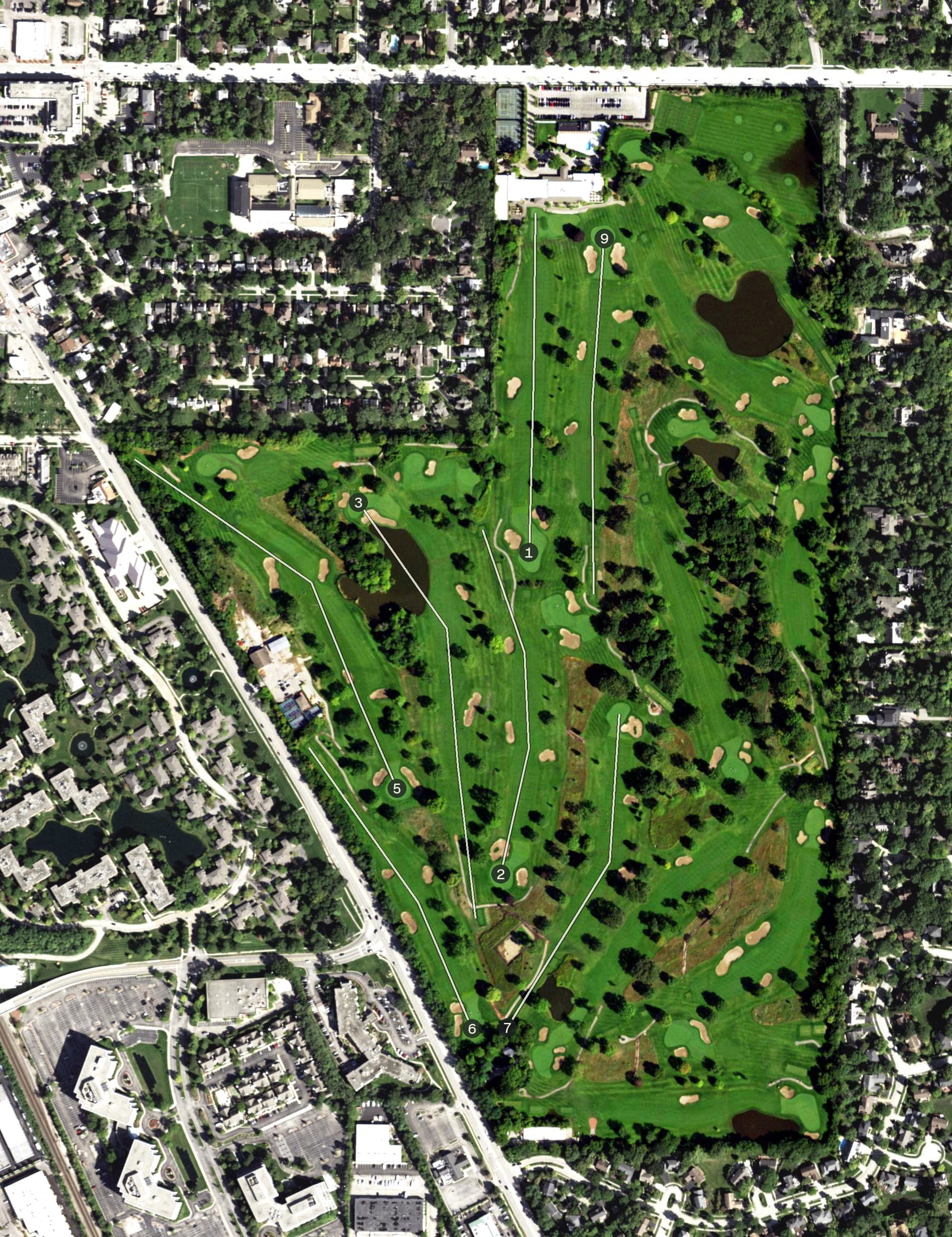 Aerial view of Briarwood Country Club, IL, with its hole routing marked