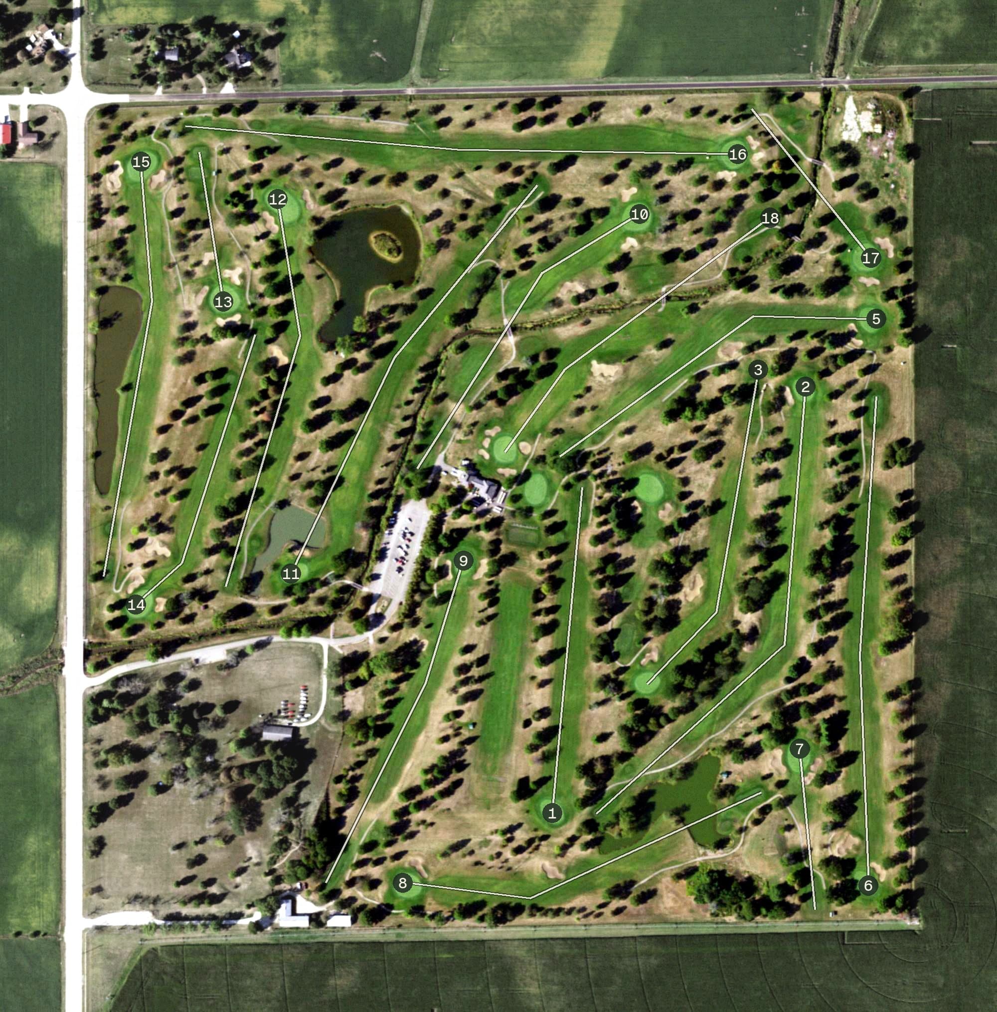Aerial view of Brookhill Golf Course, IL, with its hole routing marked