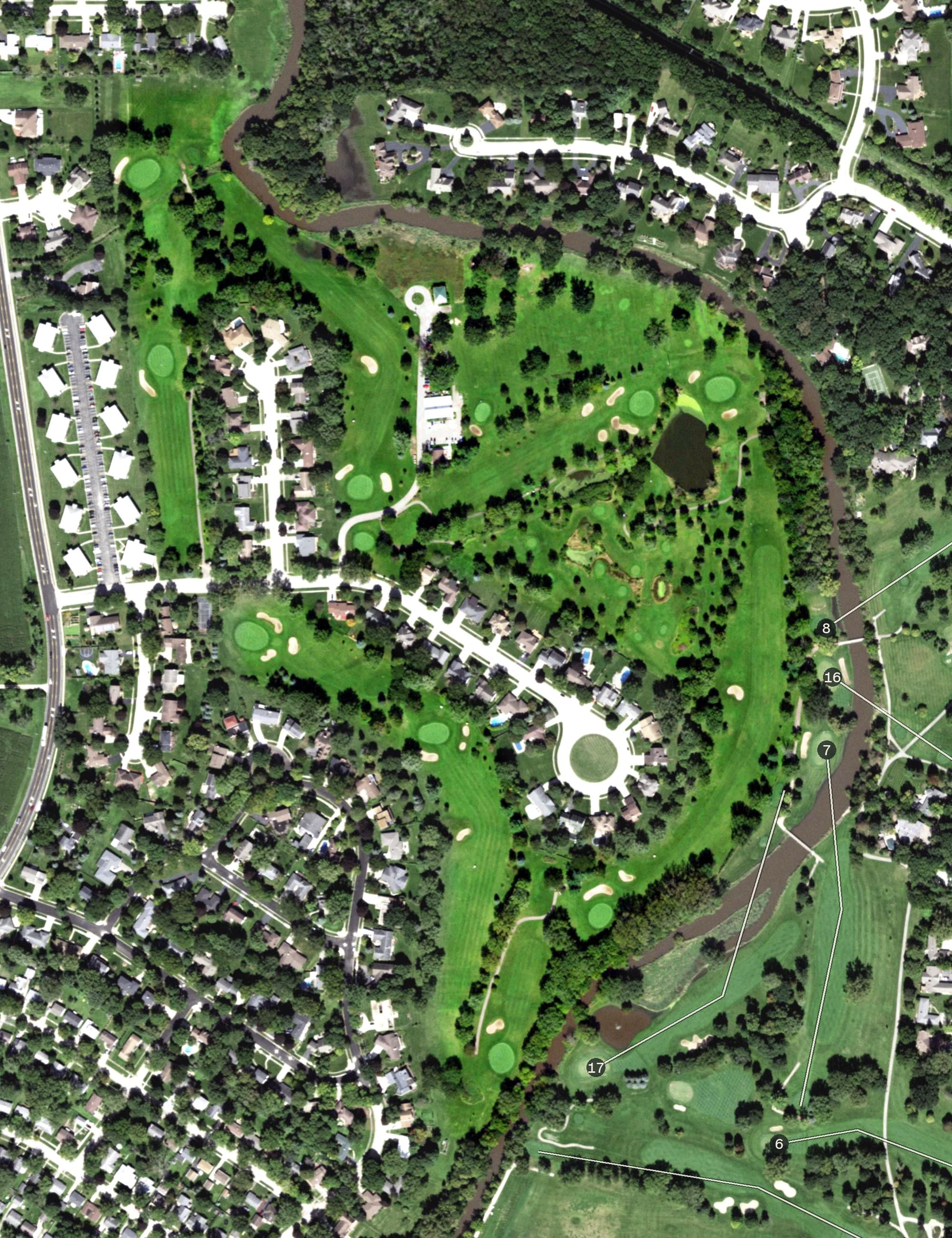 Aerial view of Buena Vista Golf Course, IL, with its hole routing marked
