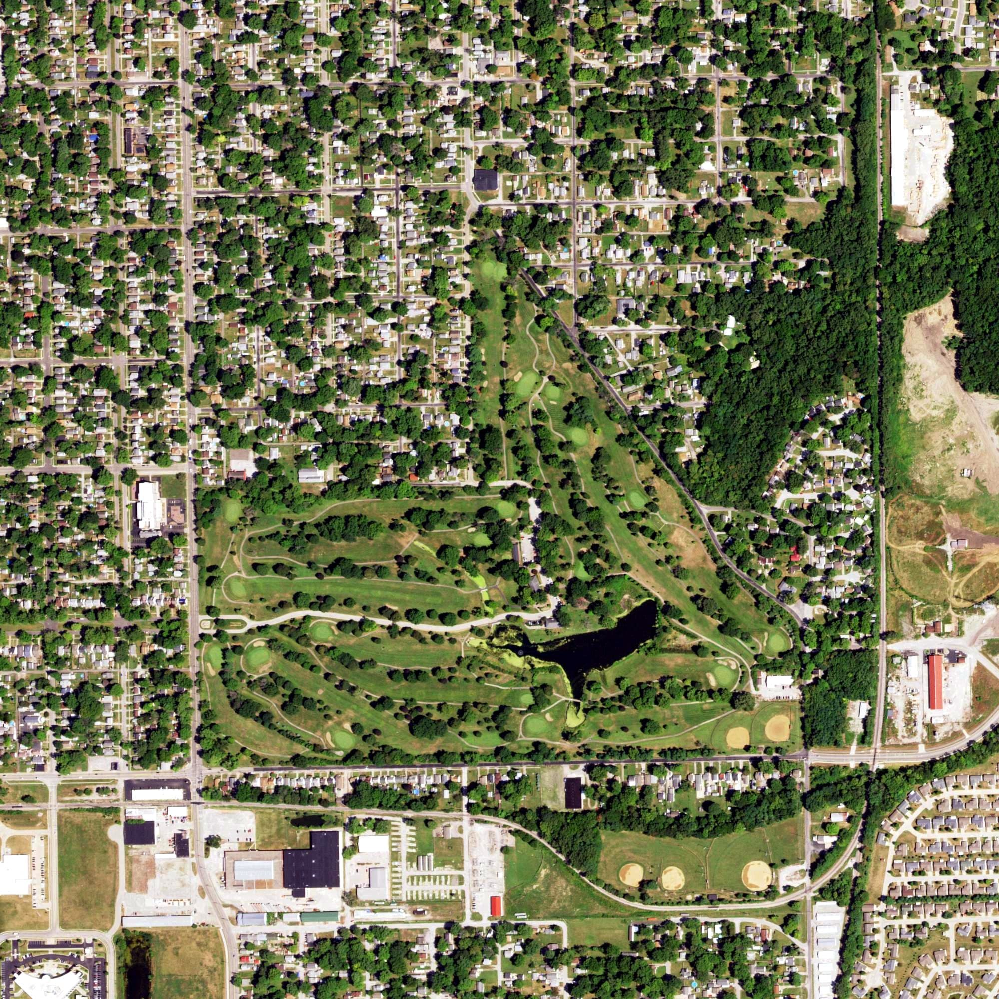 Aerial view of Bunn Golf Course, IL, with its hole routing marked