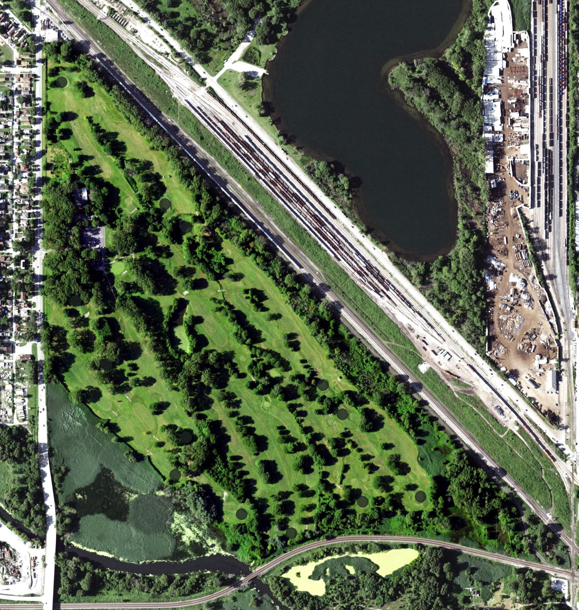 Aerial view of Burnham Woods Golf Course, IL, with its hole routing marked