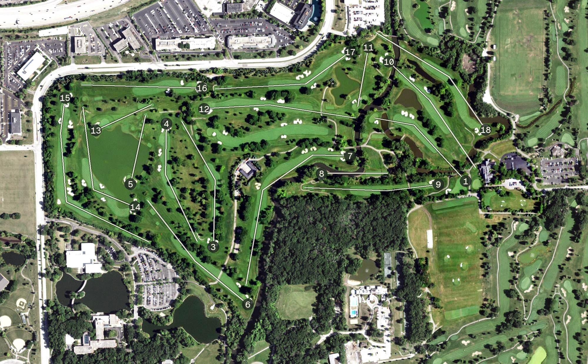 Aerial view of Butler National Golf Club, IL, with its hole routing marked