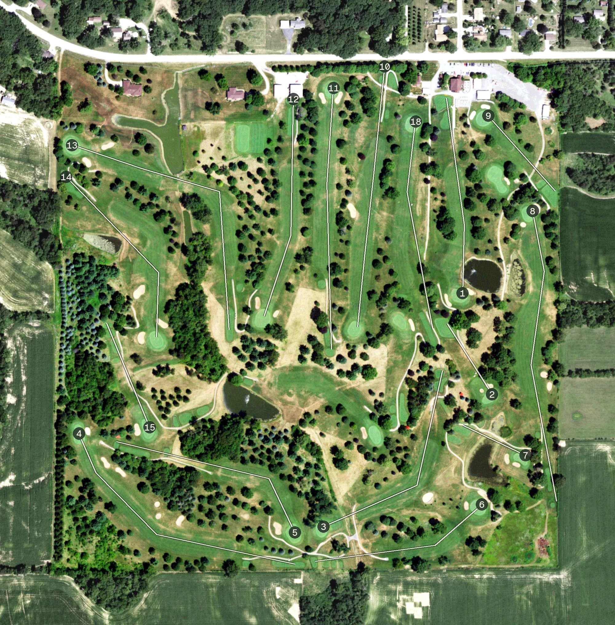 Aerial view of Byron Hills Golf Course, IL, with its hole routing marked