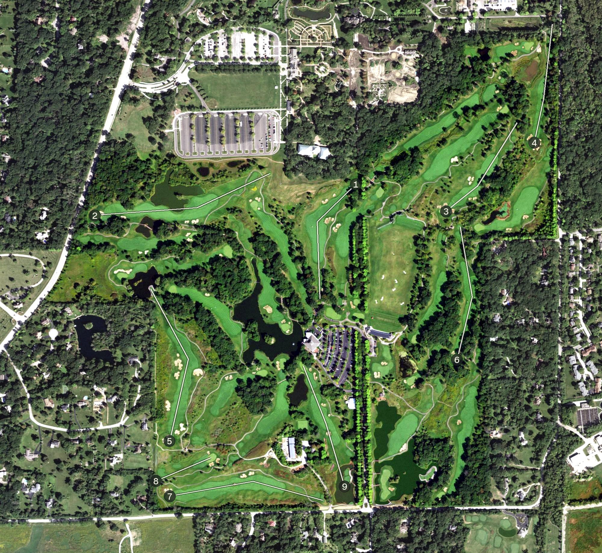 Aerial view of Cantigny Golf, IL, with its hole routing marked