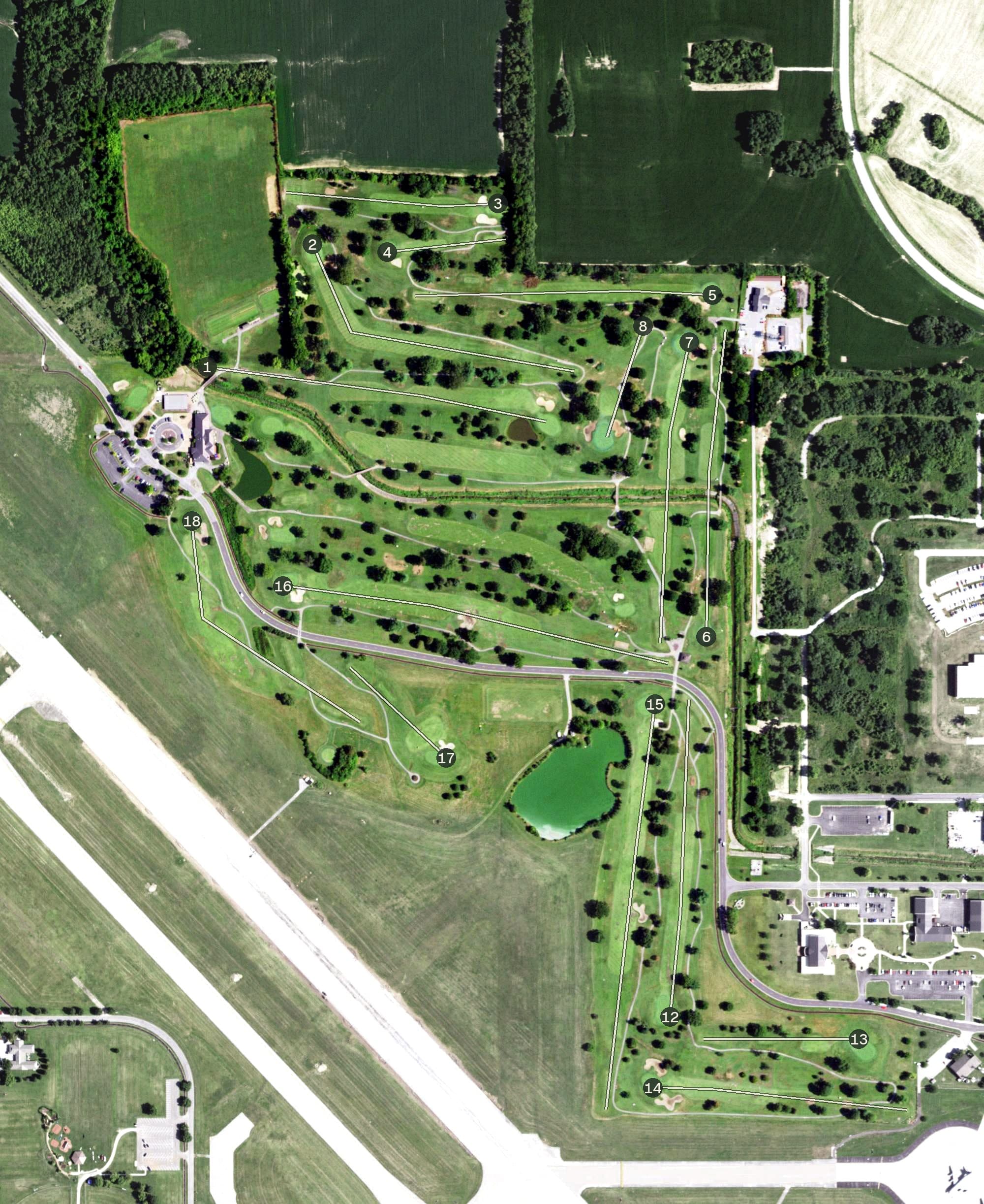 Aerial view of Cardinal Creek Golf Course, IL, with its hole routing marked