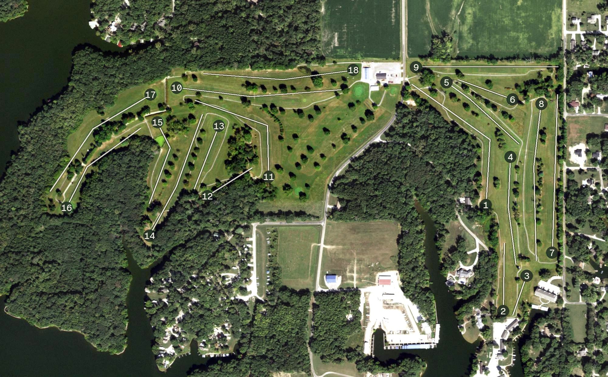 Aerial view of Cardinal Golf Course, IL, with its hole routing marked