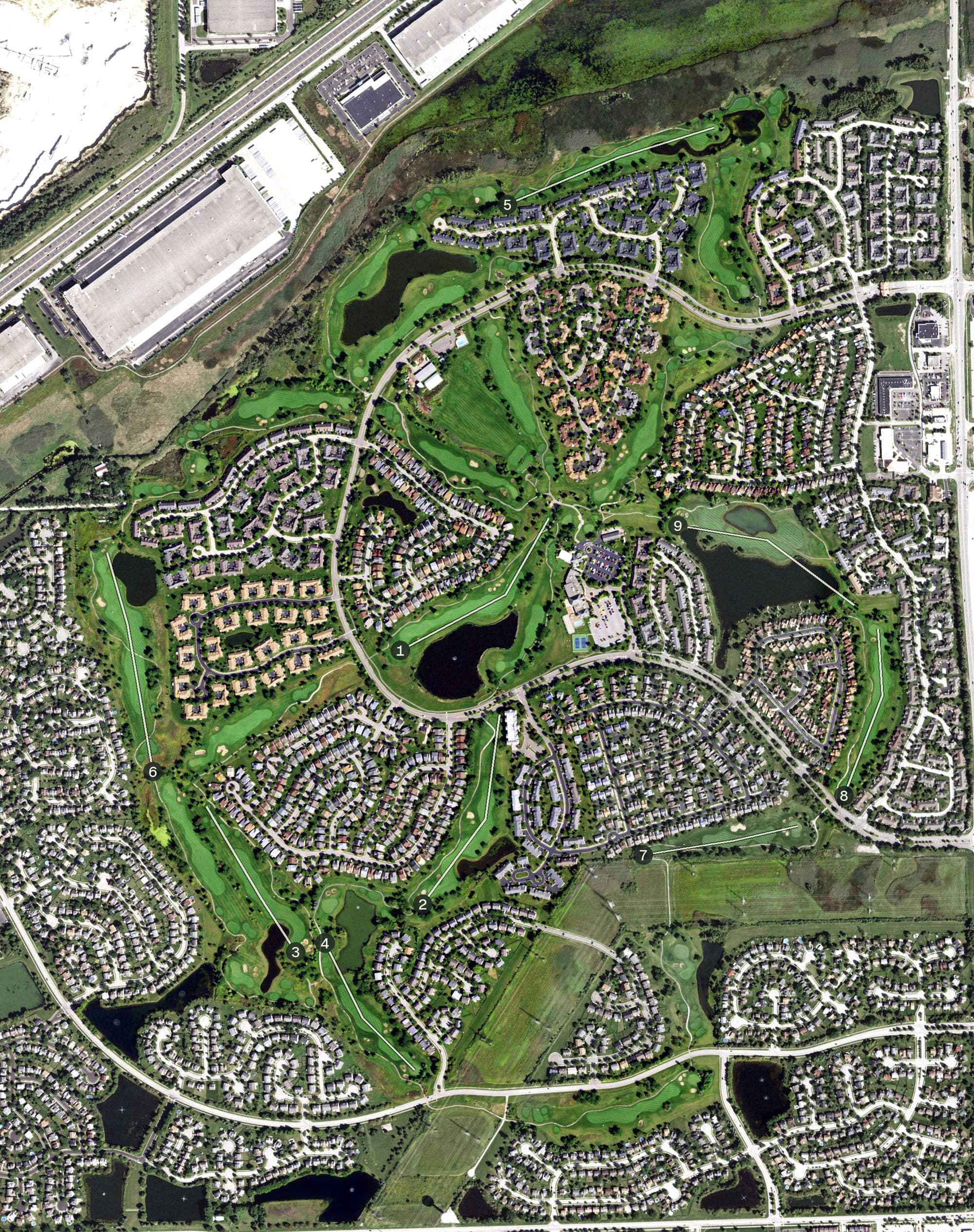 Aerial view of Carillon Golf Course, IL, with its hole routing marked