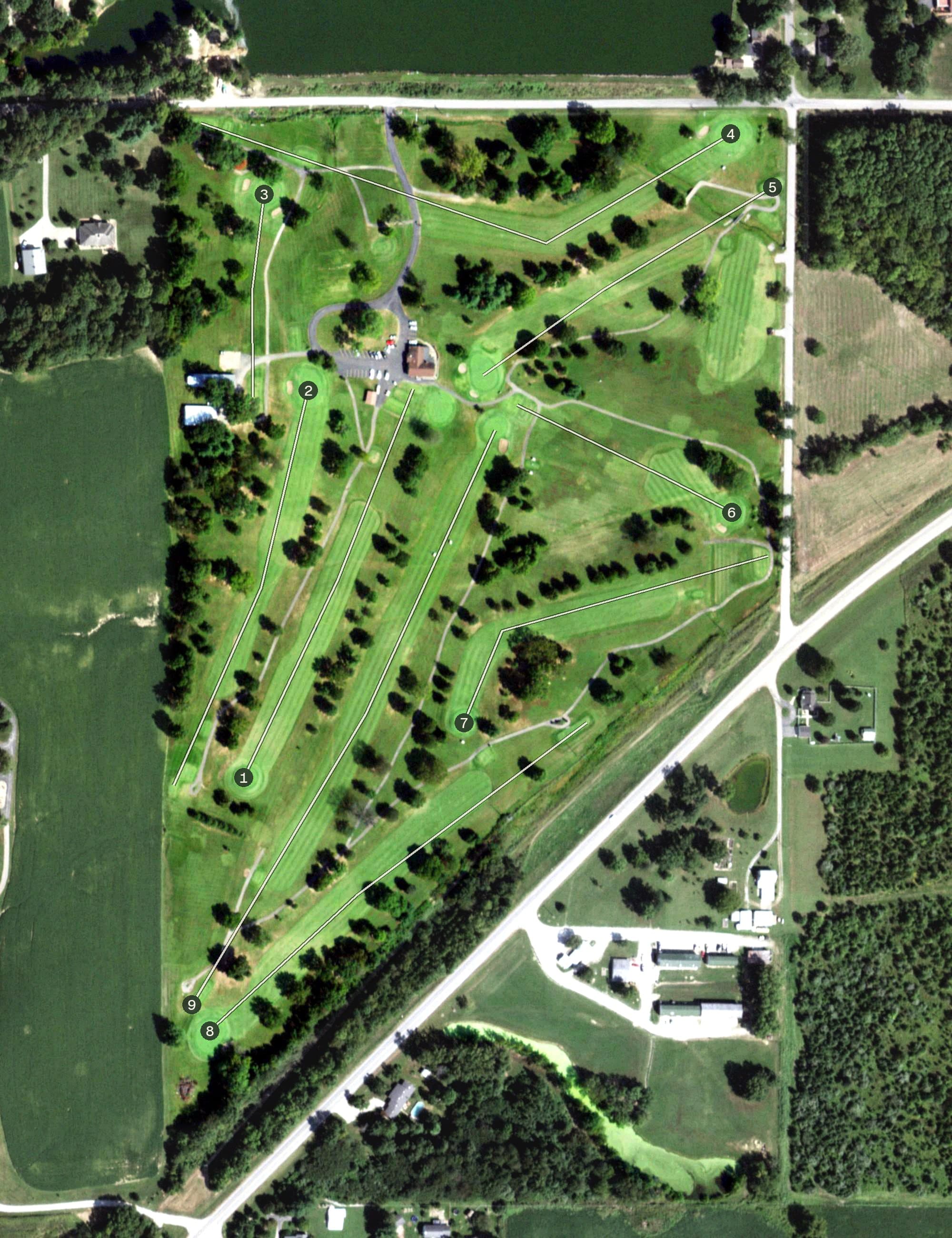 Aerial view of Carmi Country Club, IL, with its hole routing marked
