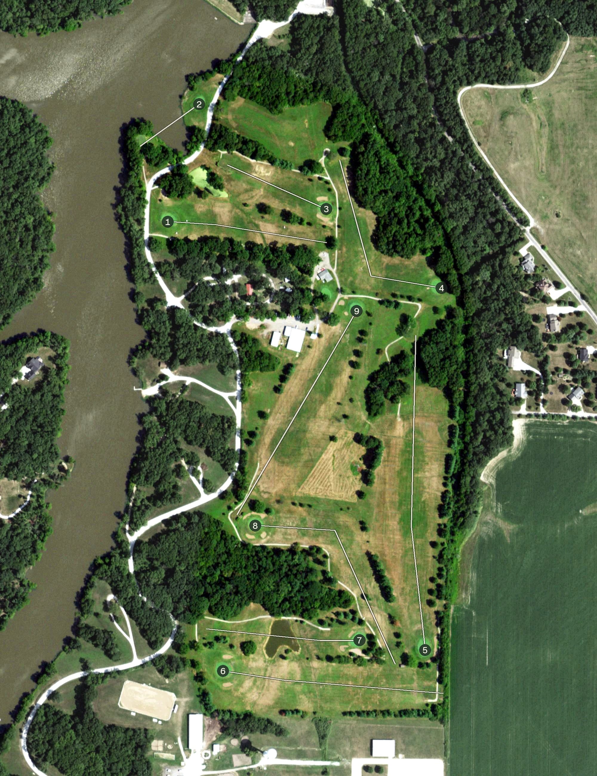 Aerial view of Carthage Golf Course, IL, with its hole routing marked