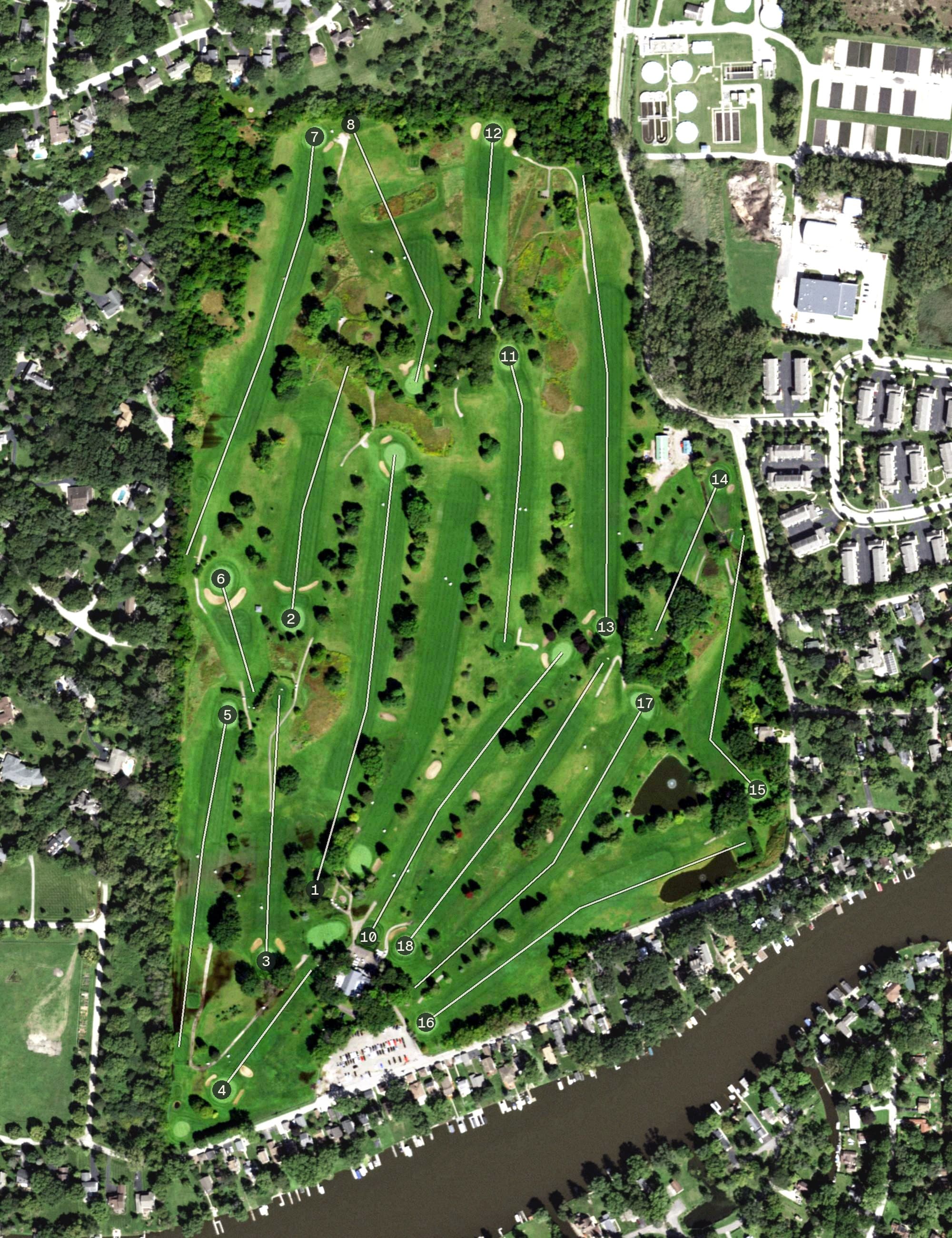 Aerial view of Cary Country Club, IL, with its hole routing marked