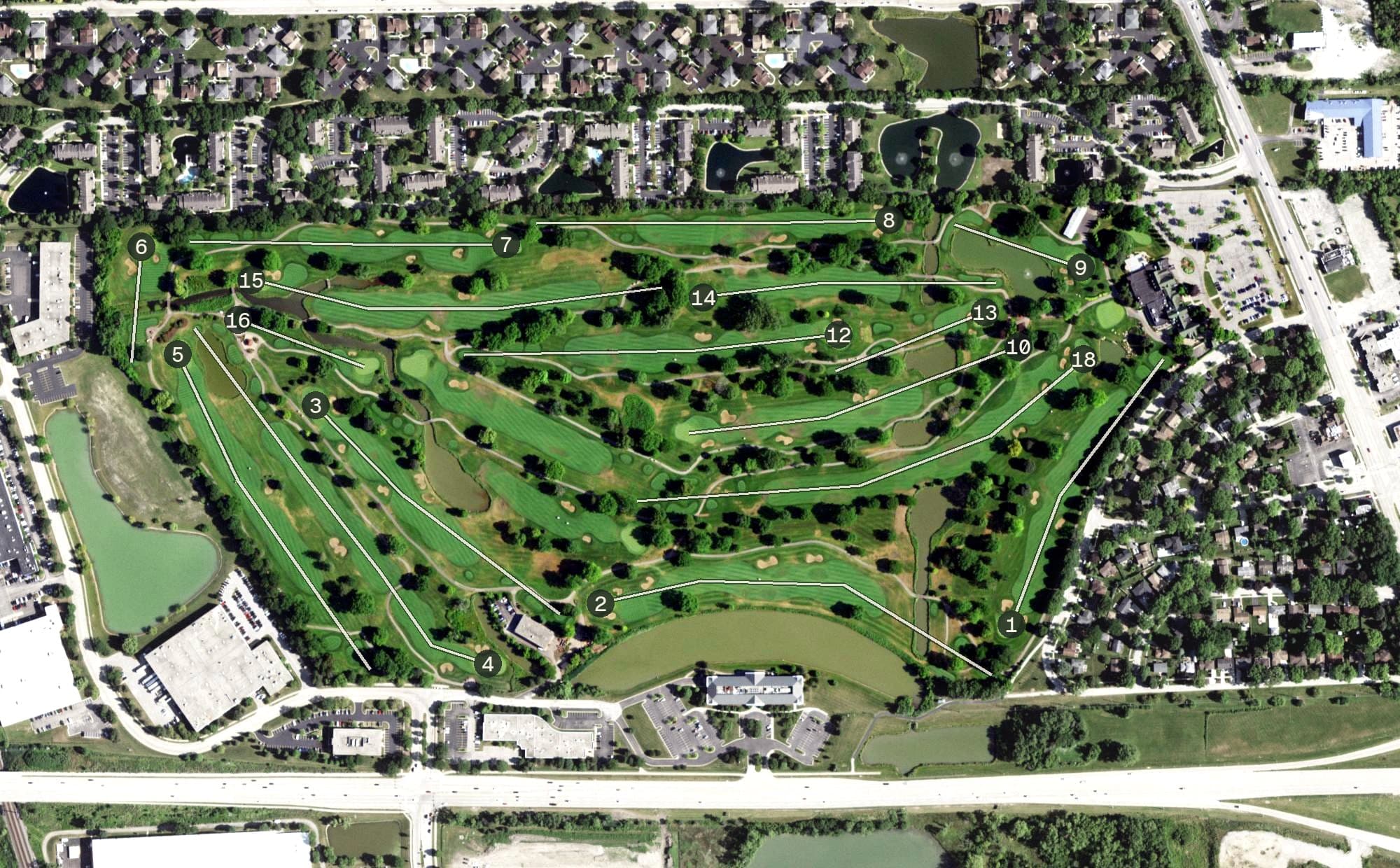 Aerial view of Chevy Chase Golf Club, IL, with its hole routing marked