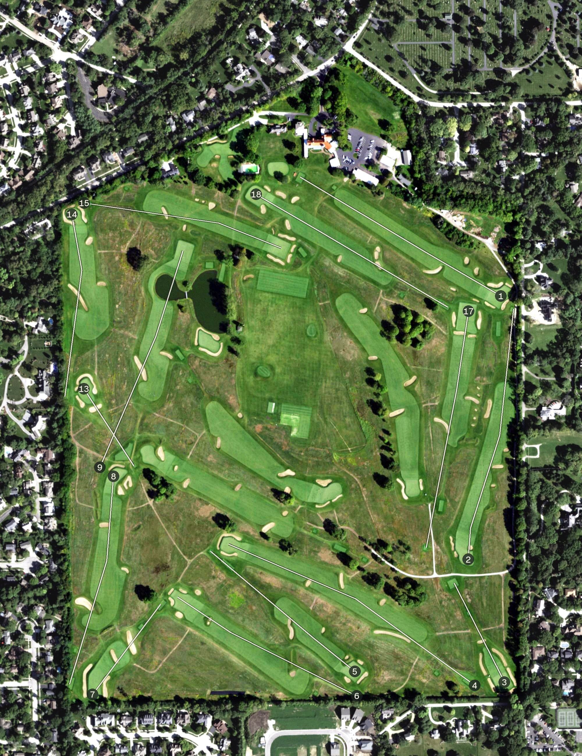 Aerial view of Chicago Golf Club, IL, with its hole routing marked