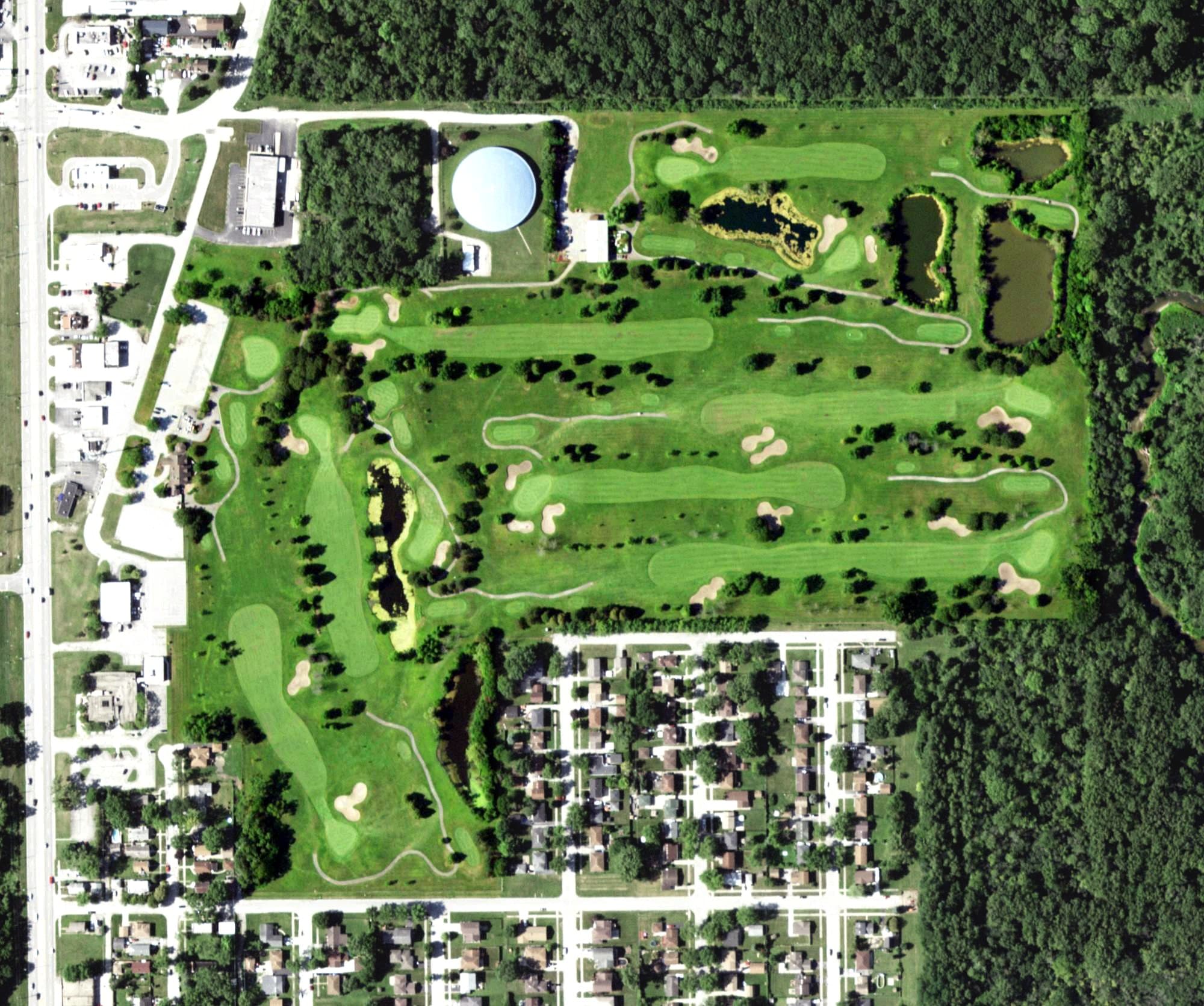 Aerial view of Chicago Heights Park District Golf Course East, IL, with its hole routing marked