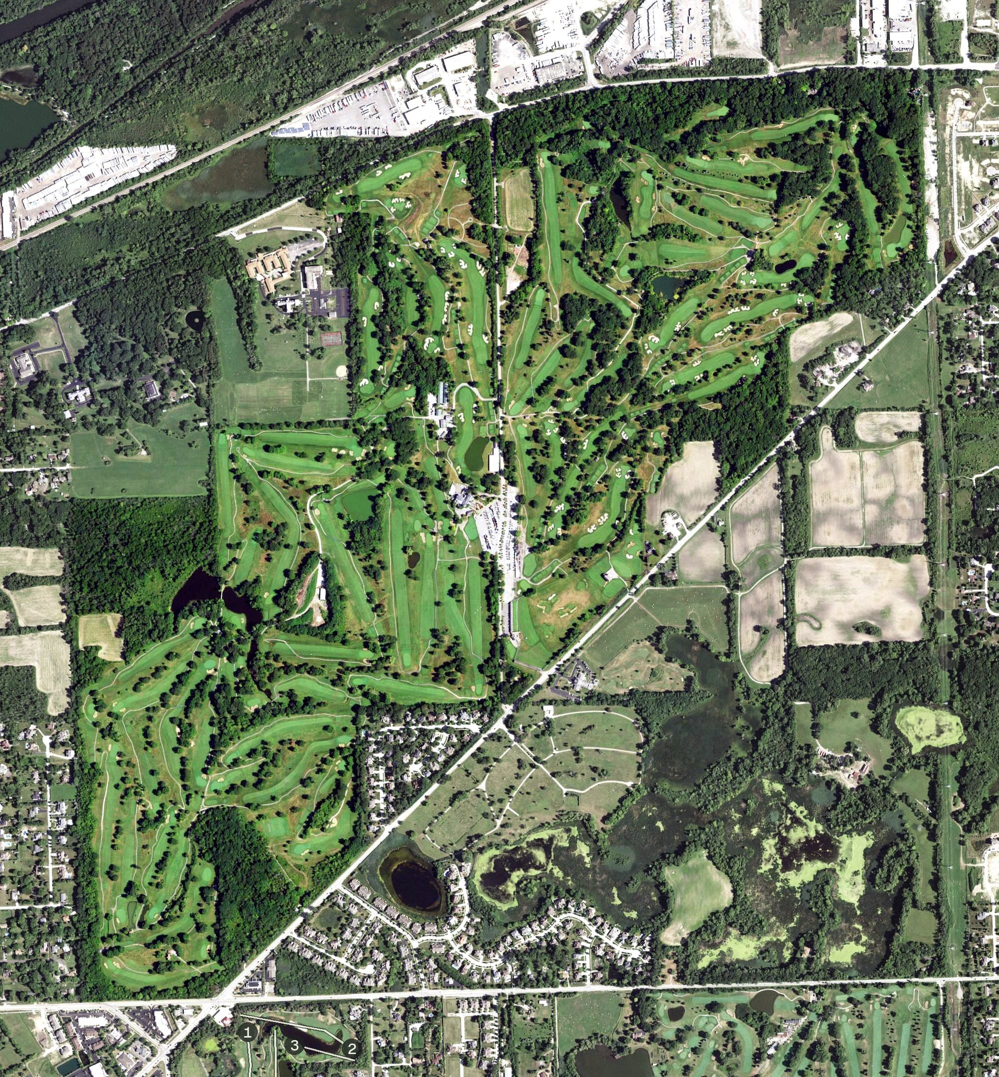 Aerial view of Cog Hill Golf & Country Club, IL, with its hole routing marked