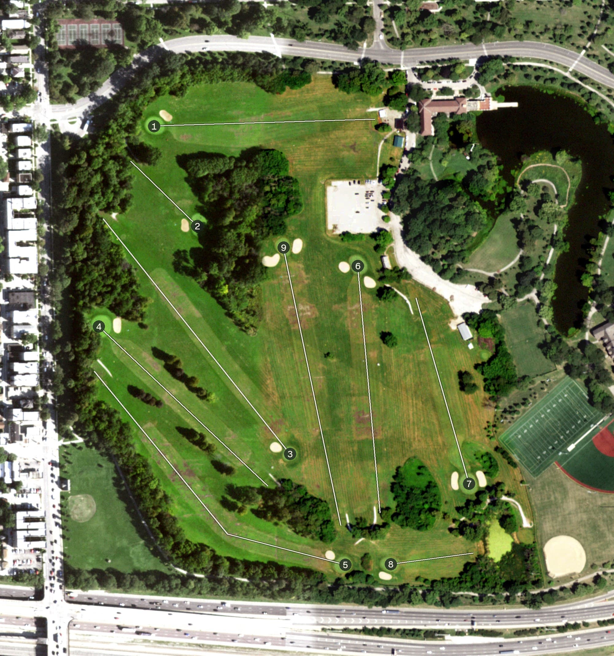 Aerial view of Columbus Park Golf Course, IL, with its hole routing marked