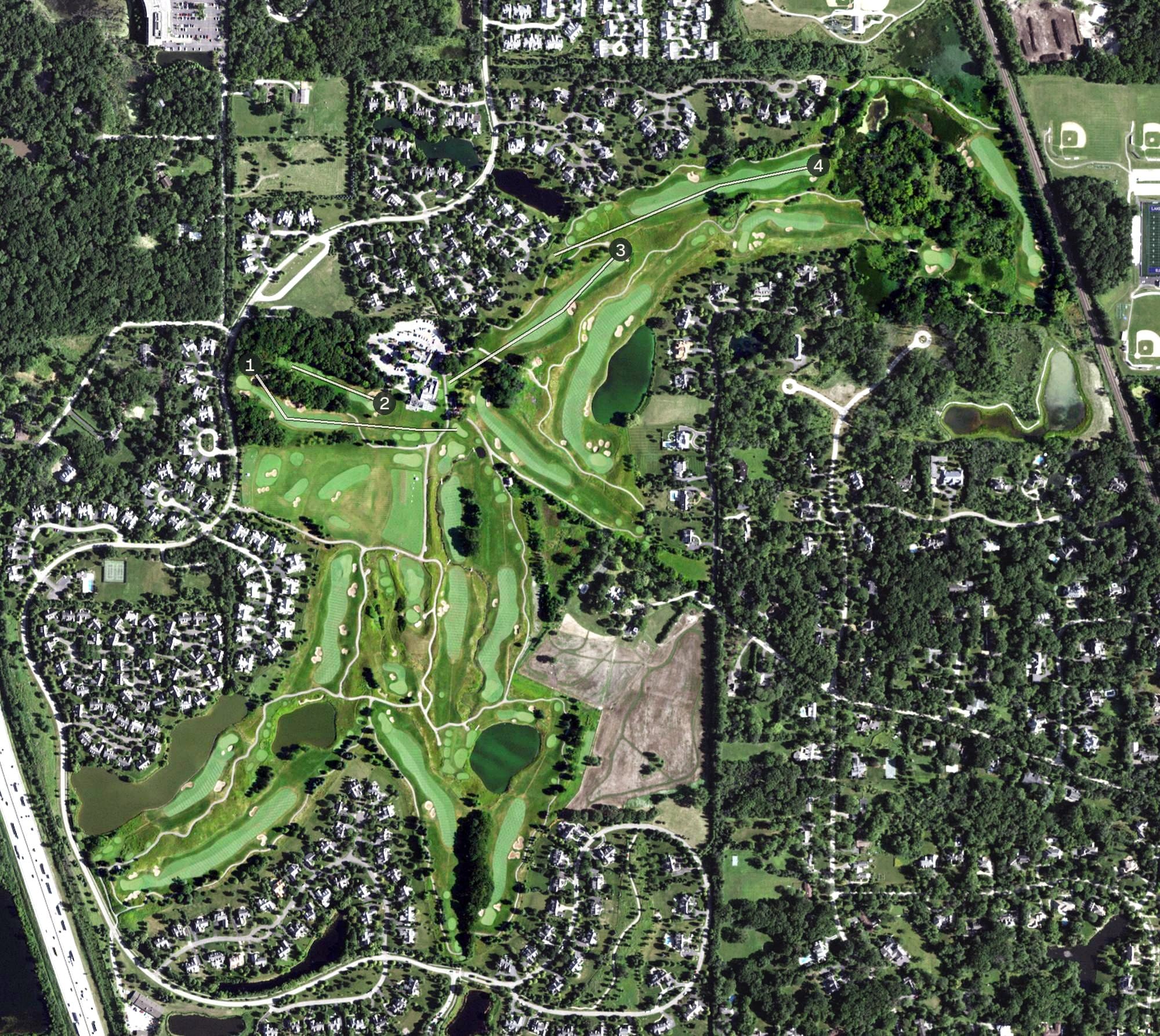 Aerial view of Conway Farms Golf Club, IL, with its hole routing marked