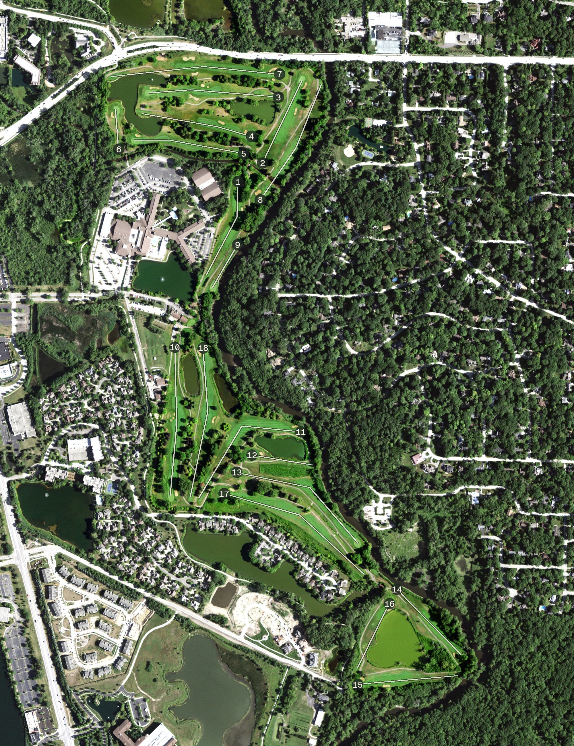 Aerial view of Crane's Landing Golf Club at Marriott Lincolnshire Resort, IL, with its hole routing marked