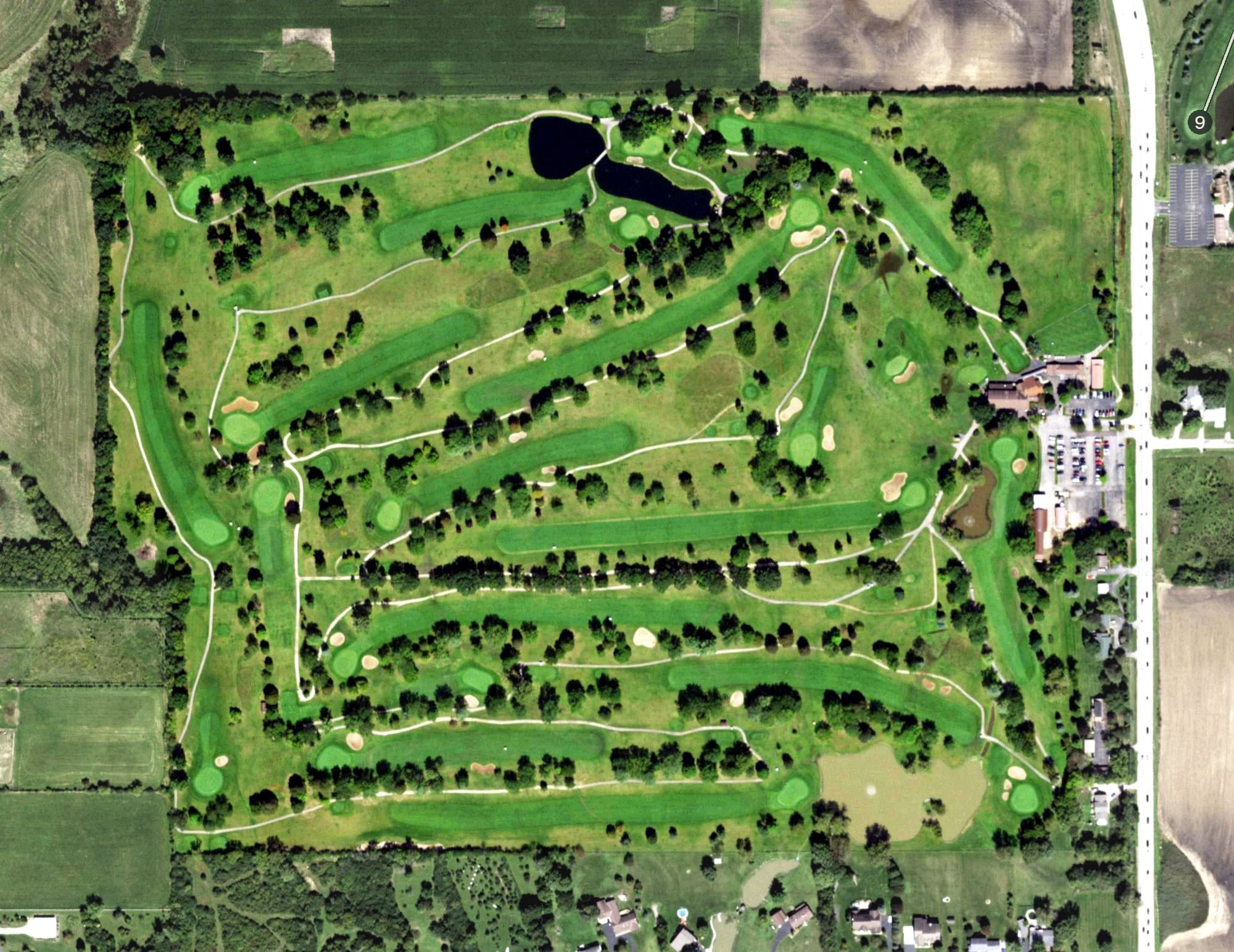 Aerial view of Crystal Woods Golf Club, IL, with its hole routing marked