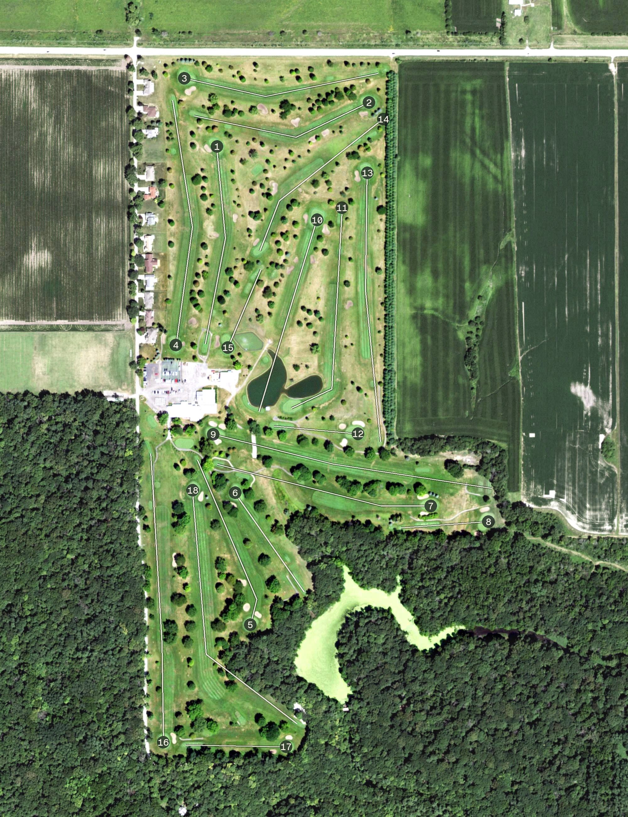 Aerial view of Deer Park Country Club, IL, with its hole routing marked