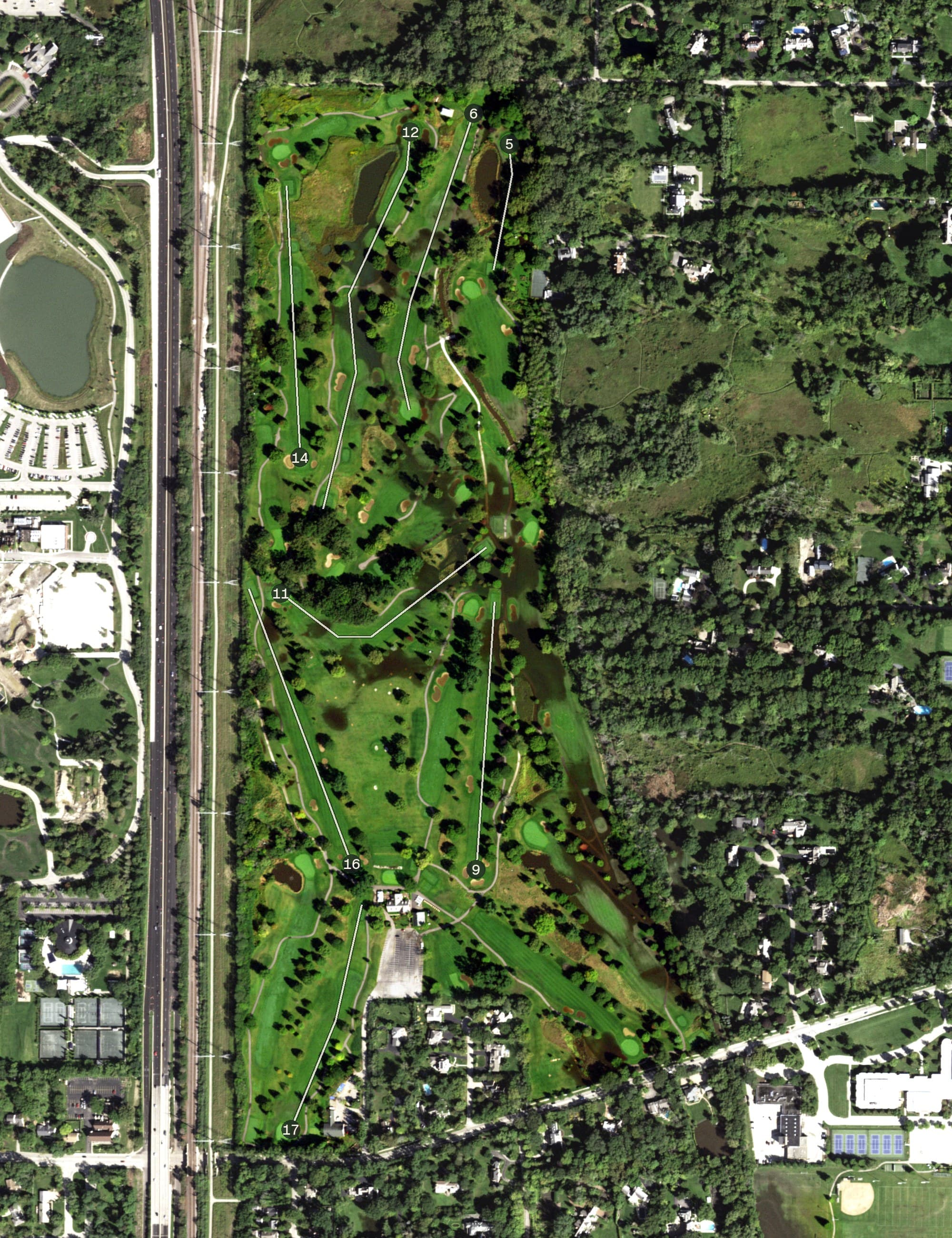 Aerial view of Deerpath Golf Course, IL, with its hole routing marked