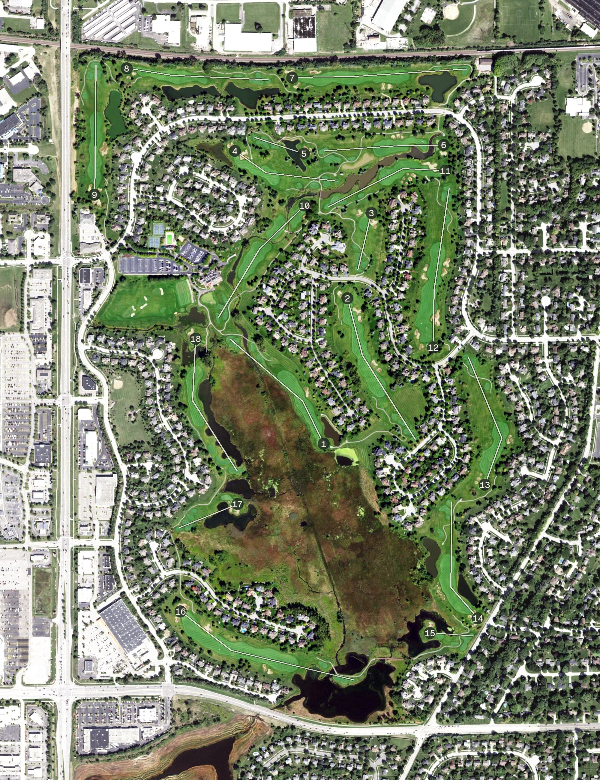 Aerial view of Eaglebrook Country Club, IL, with its hole routing marked