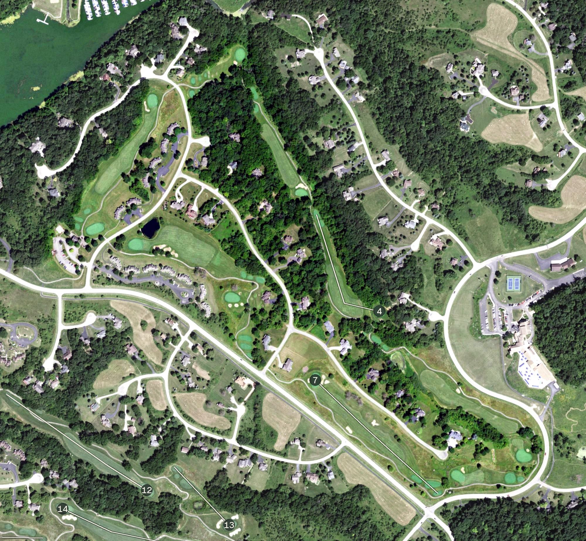 Aerial view of East Course, IL, with its hole routing marked