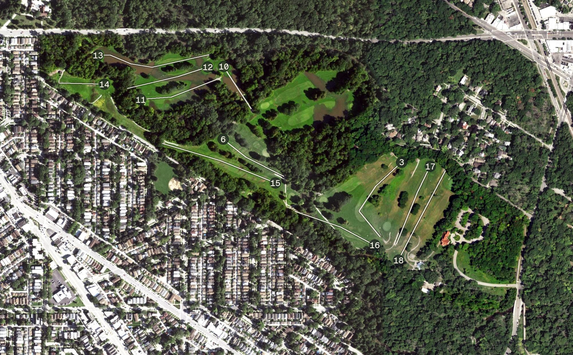 Aerial view of Edgebrook Golf Course, IL, with its hole routing marked