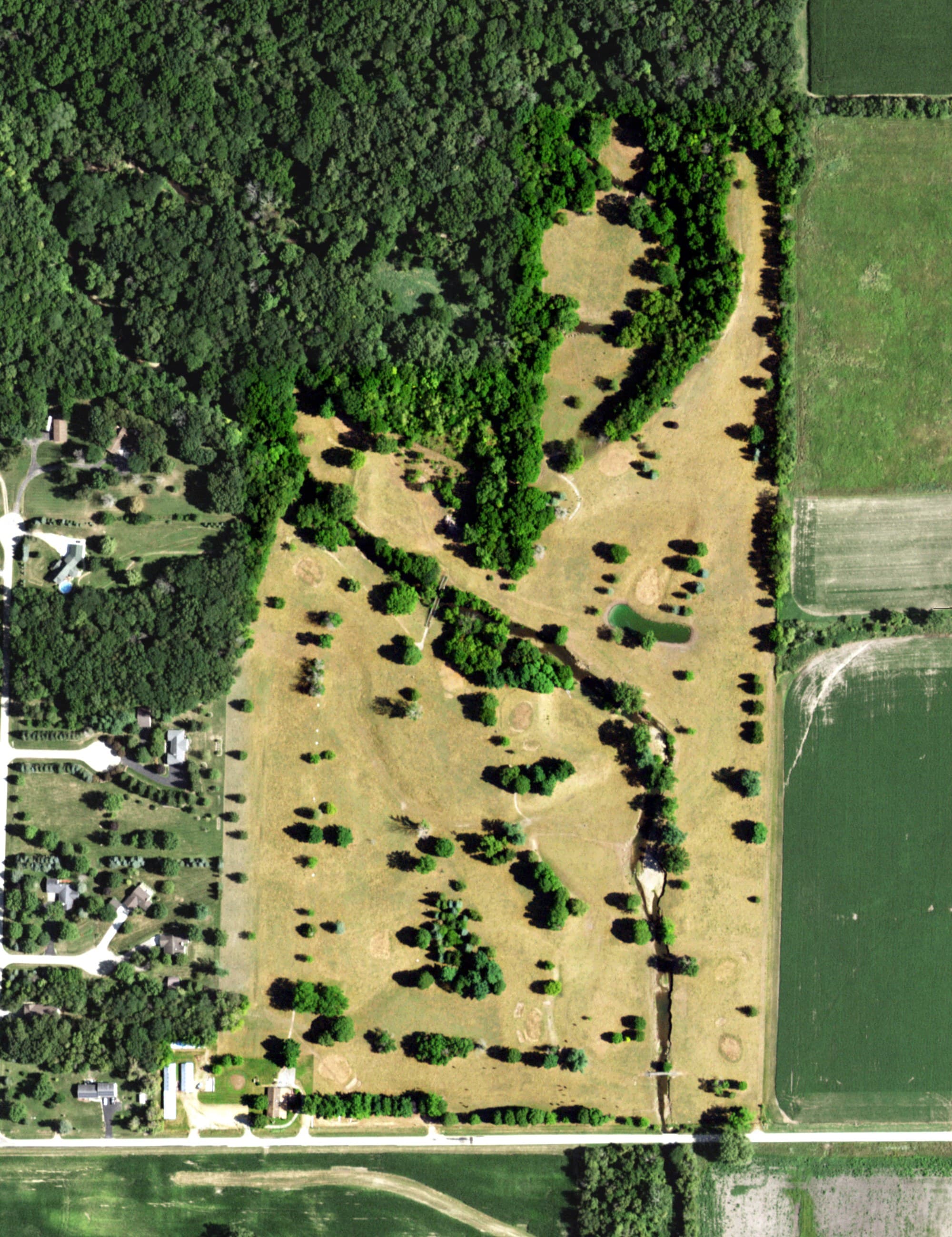 Aerial view of Edgewood Golf Club (Closed), IL, with its hole routing marked