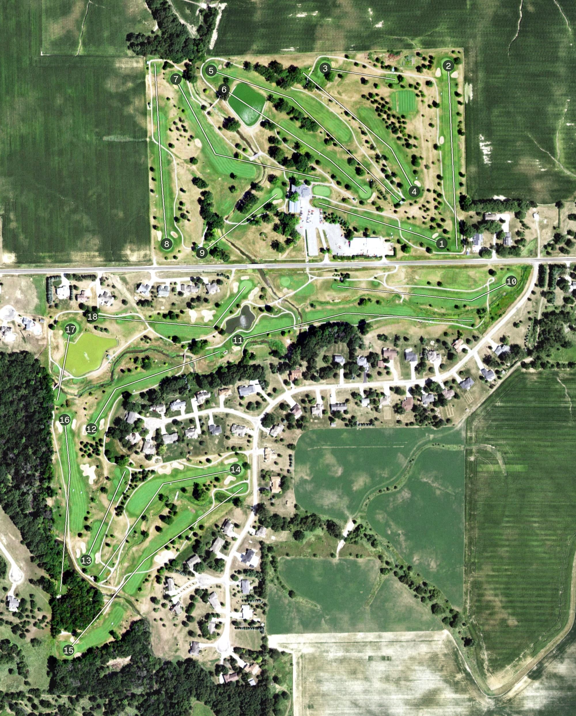 Aerial view of El Paso Golf Club, IL, with its hole routing marked