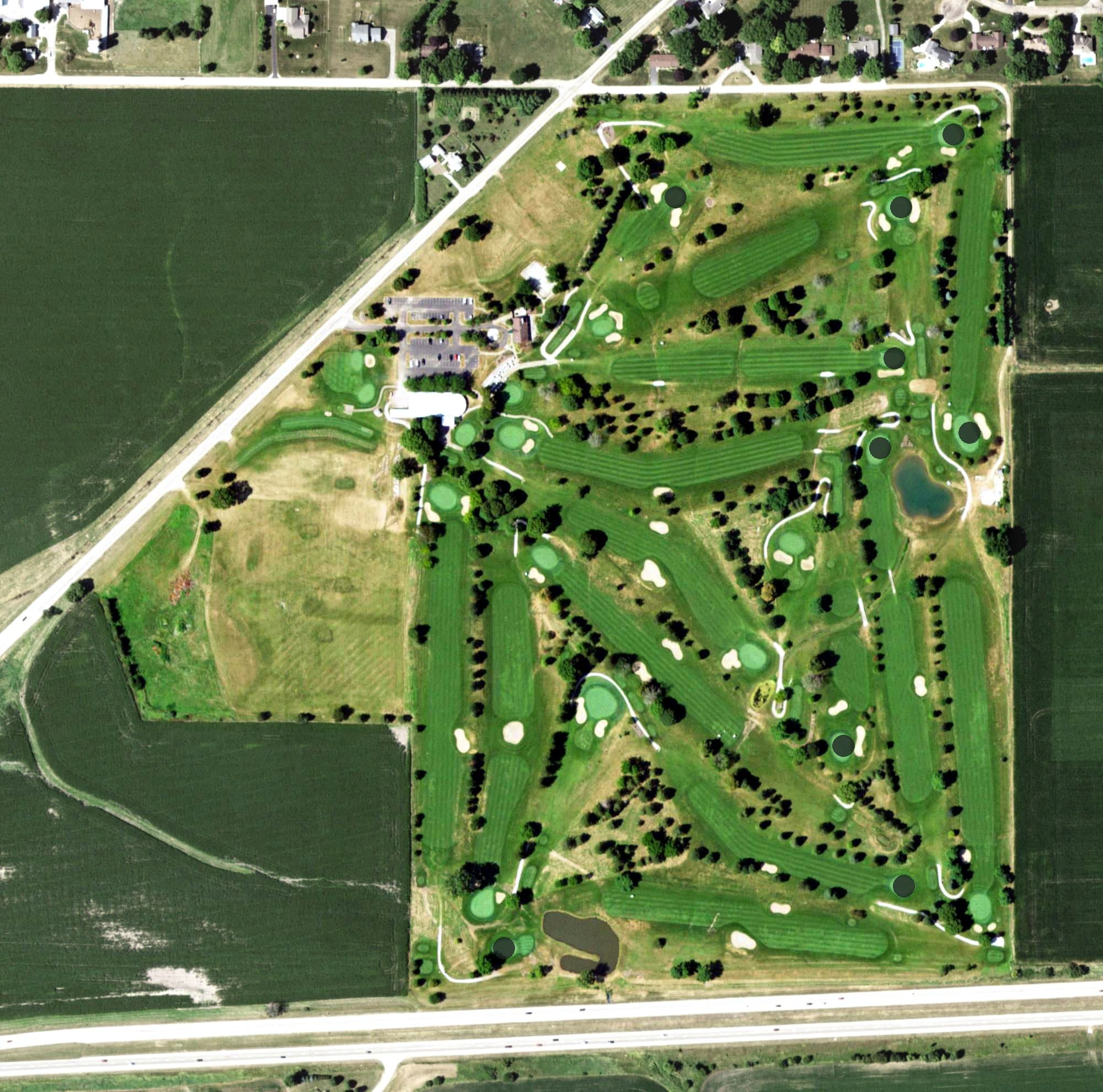 Aerial view of Emerald Hill Golf Course, IL, with its hole routing marked