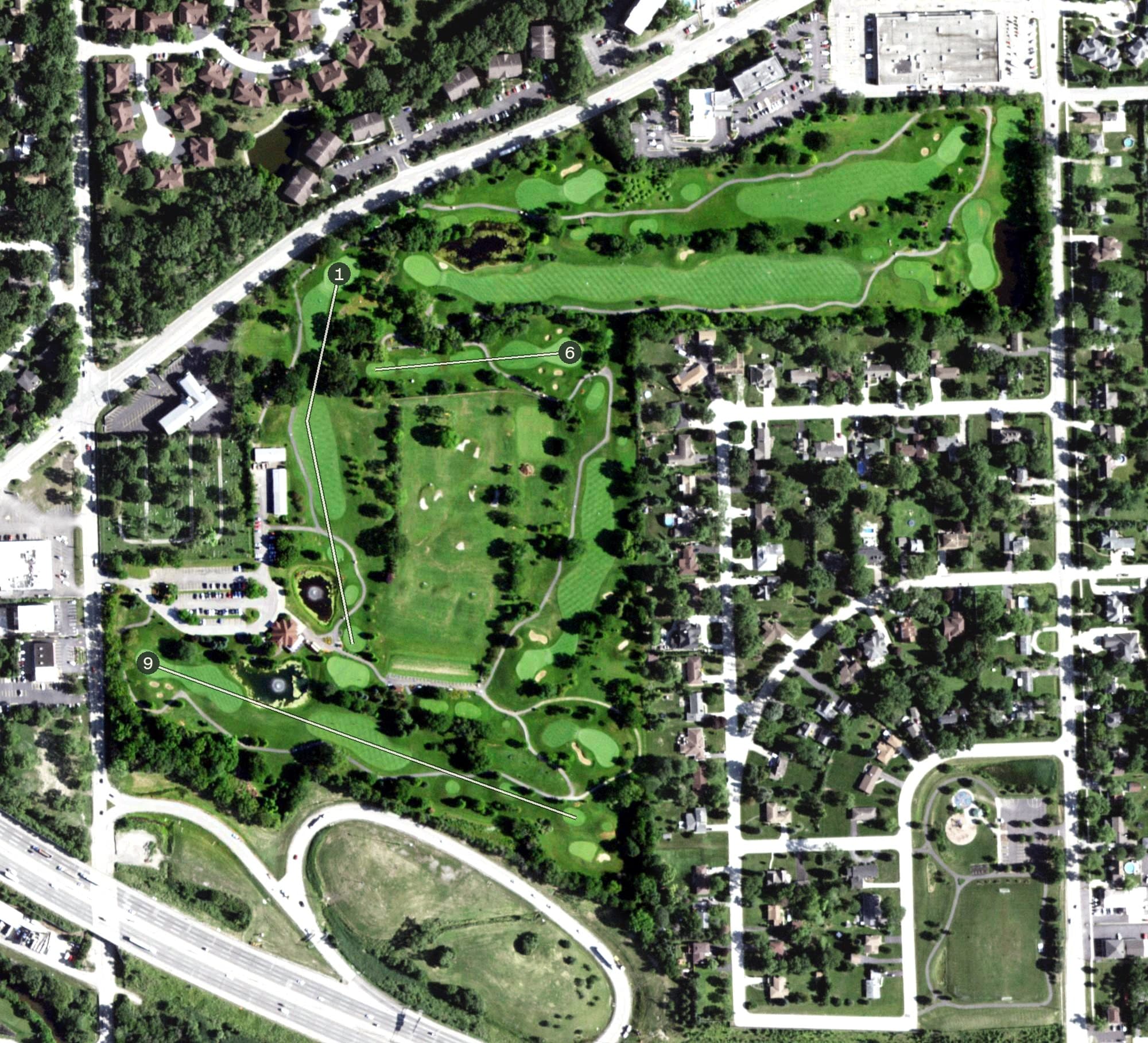 Aerial view of Flagg Creek Golf Course, IL, with its hole routing marked
