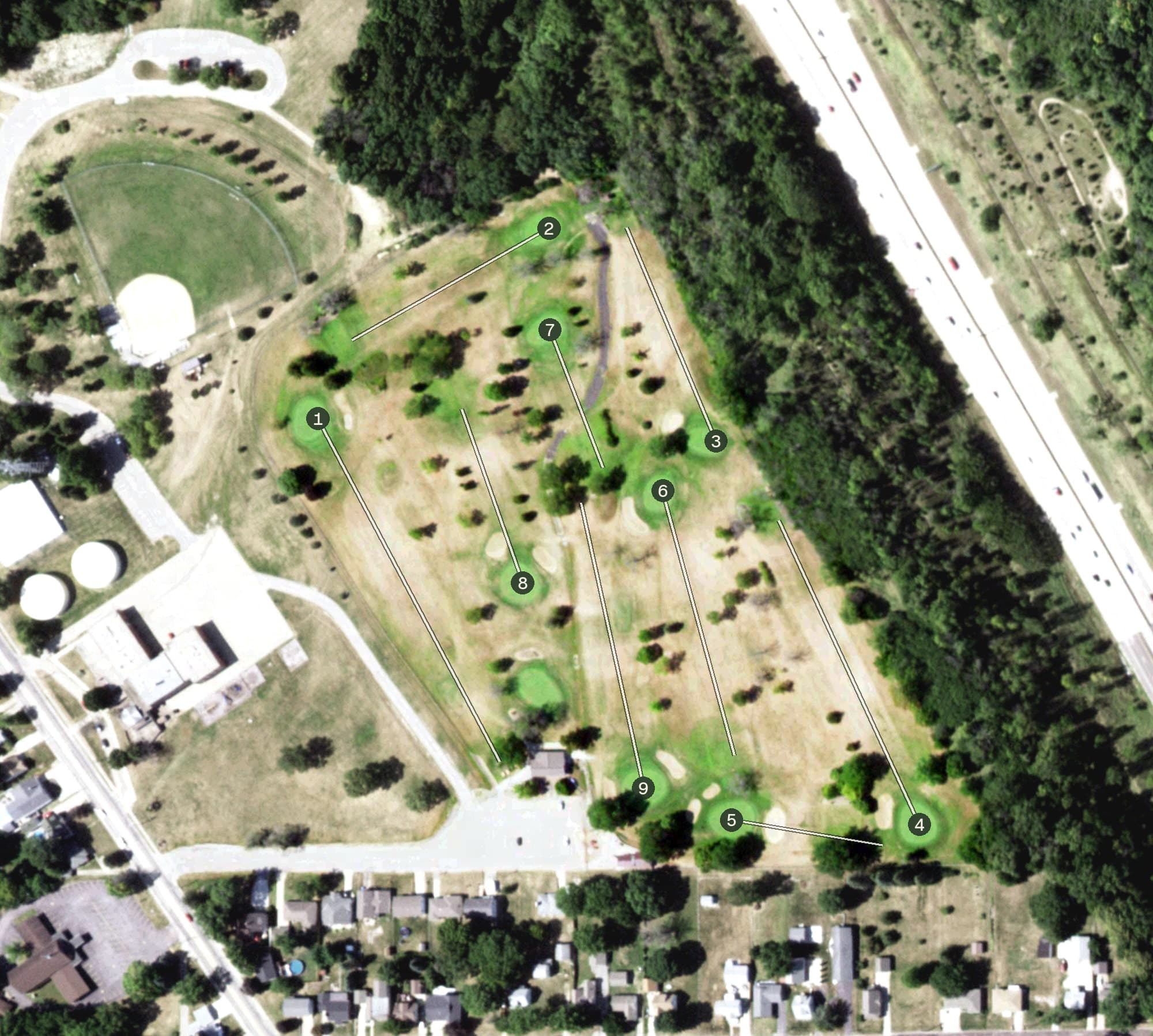 Aerial view of Fon Du Lac Golf Course, IL, with its hole routing marked