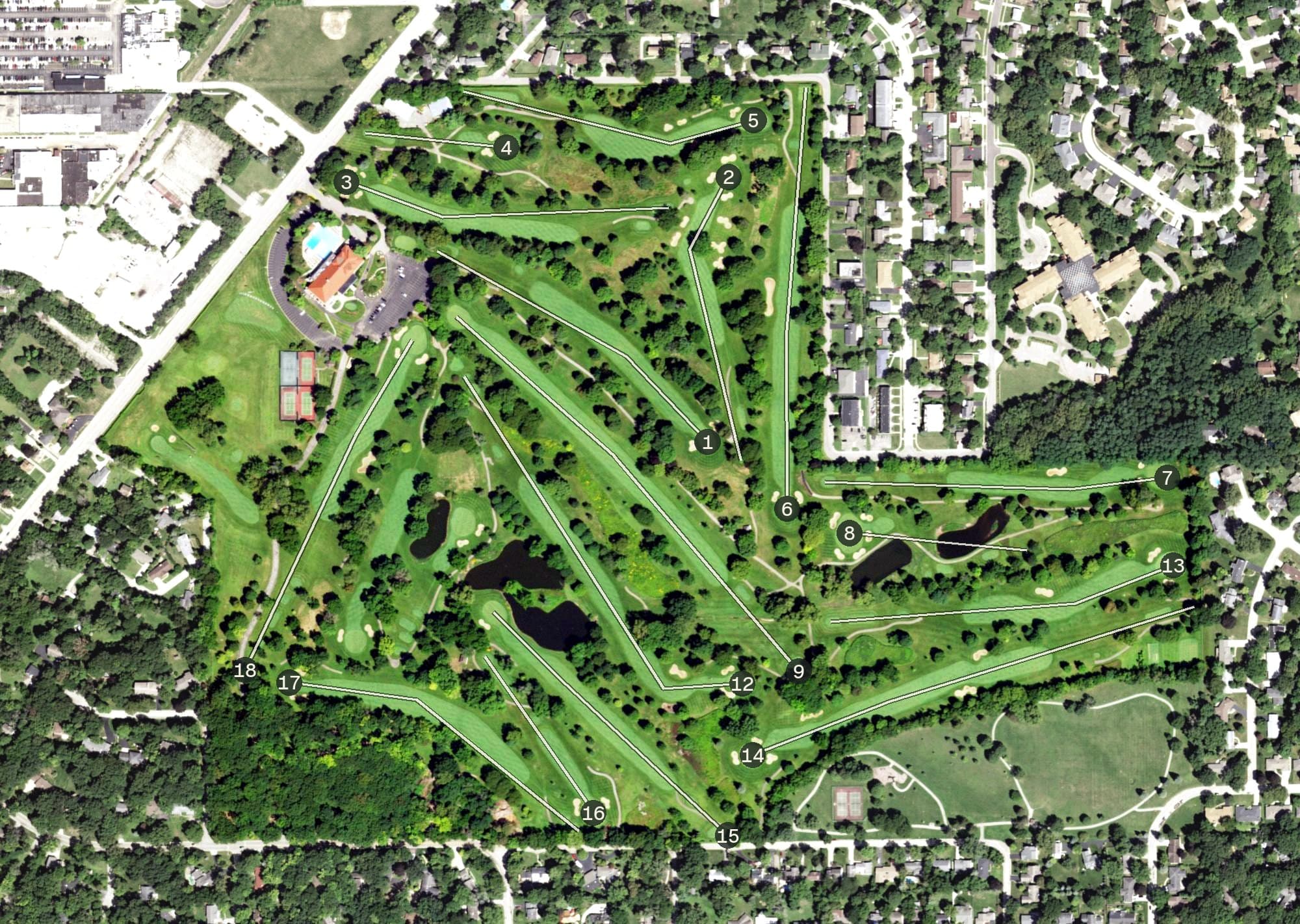 Aerial view of Forest Hills Country Club, IL, with its hole routing marked